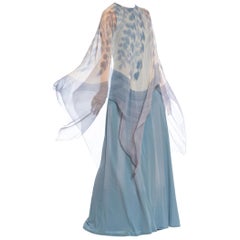 1970S Dusty Blue Ombré Rayon Jersey Gown With Hand Painted Silk Chiffon Cape