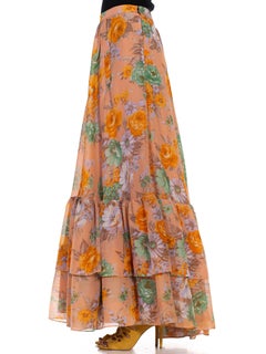1970S Dusty Pink Orange & Green Floral Tiered Ruffle Skirt