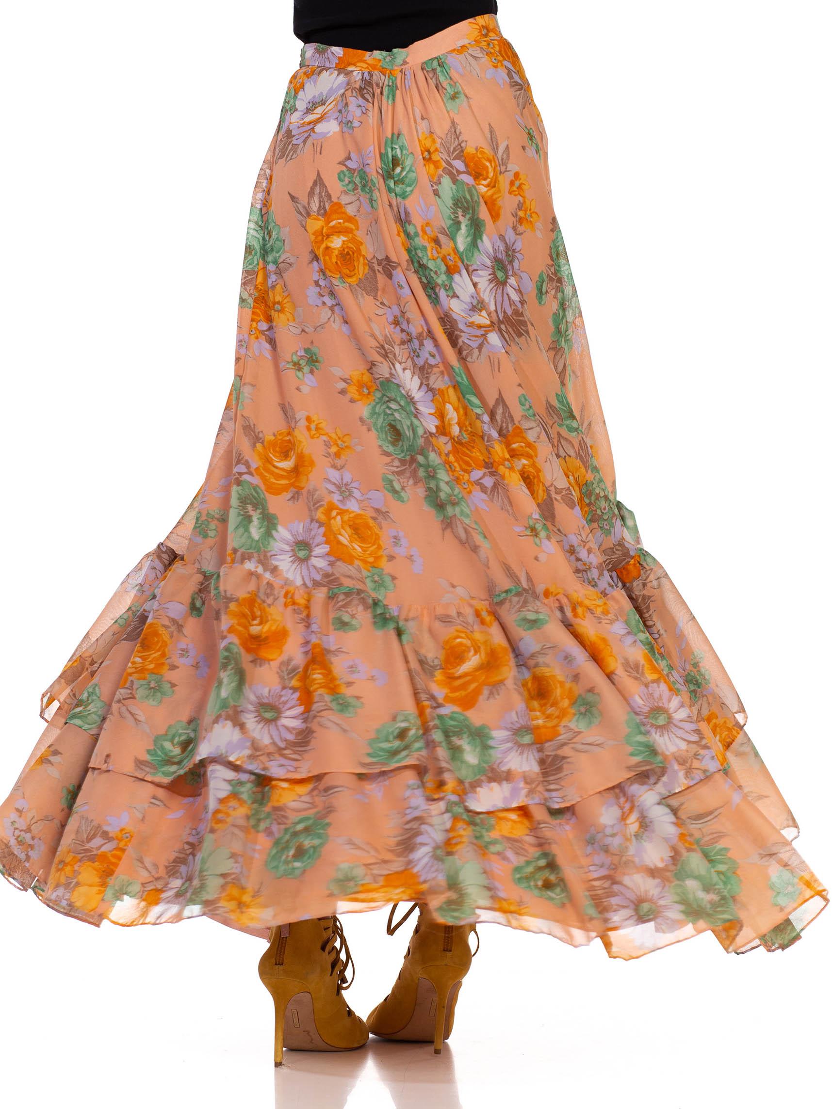 Brown 1970S Dusty Pink Orange & Green Floral Tiered Ruffle Skirt For Sale
