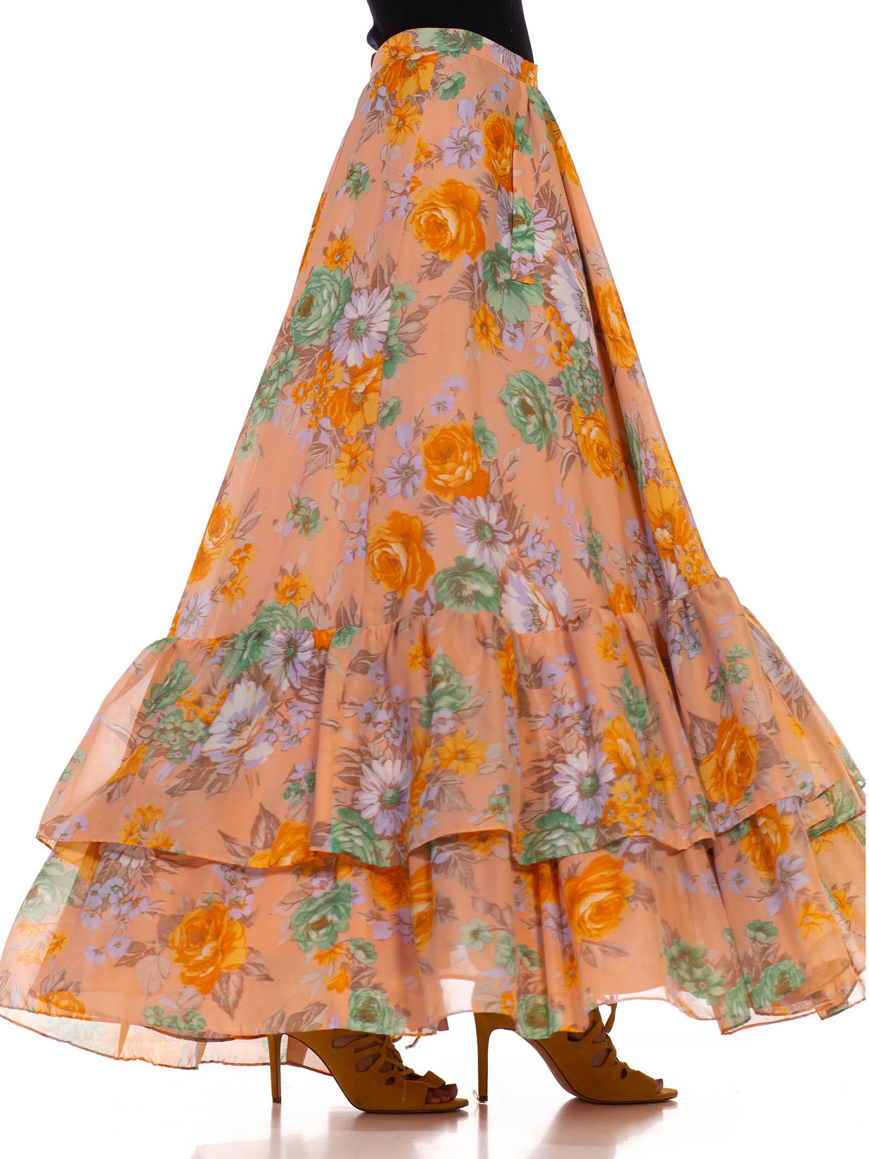 Women's 1970S Dusty Pink Orange & Green Floral Tiered Ruffle Skirt For Sale