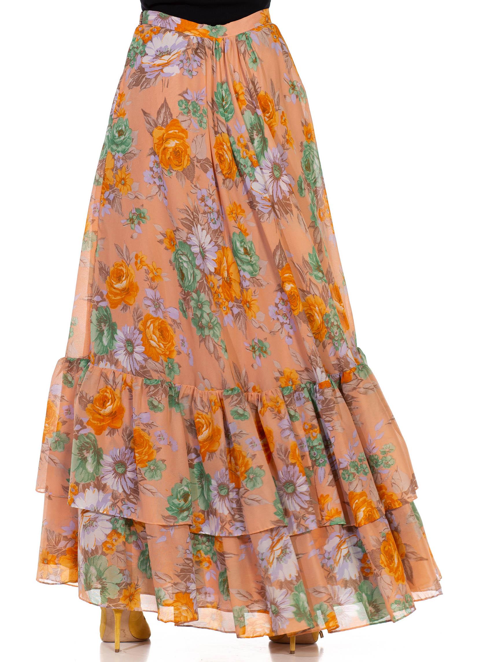 1970S Dusty Pink Orange & Green Floral Tiered Ruffle Skirt For Sale 1