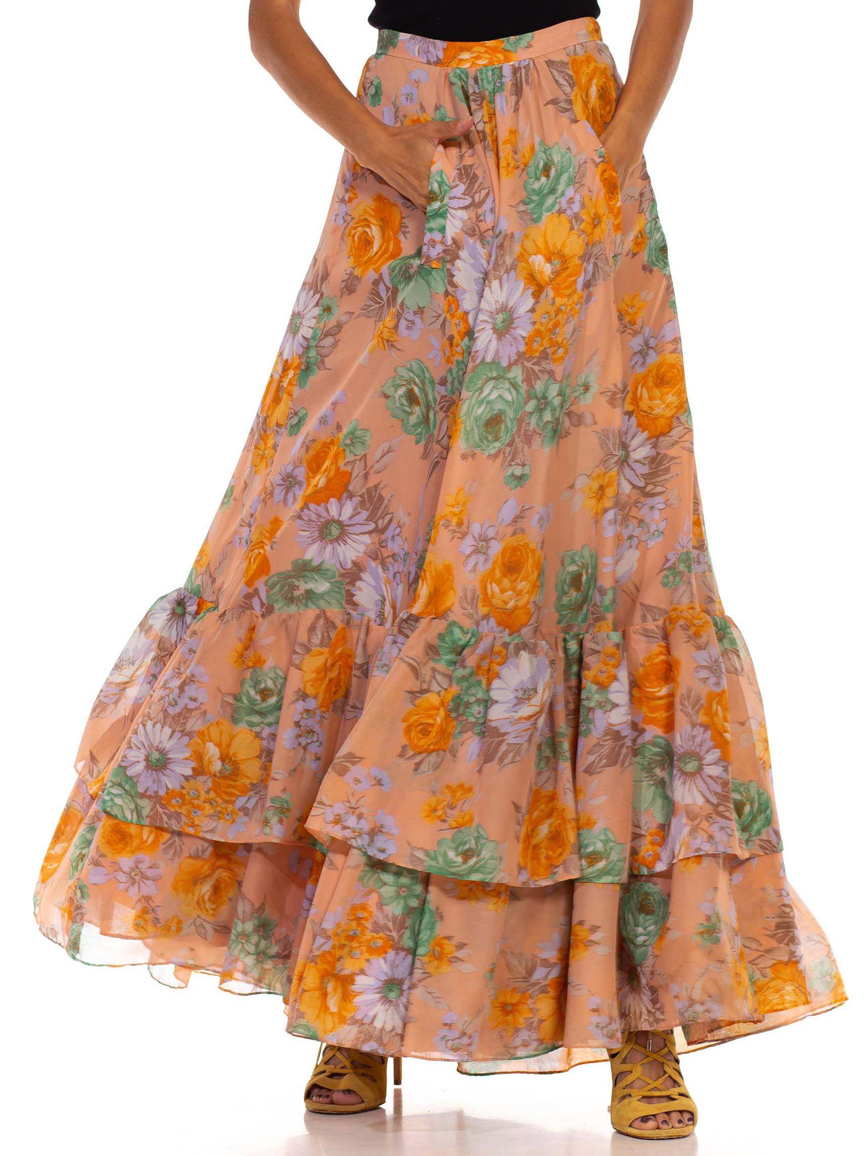 1970S Dusty Pink Orange & Green Floral Tiered Ruffle Skirt For Sale 2