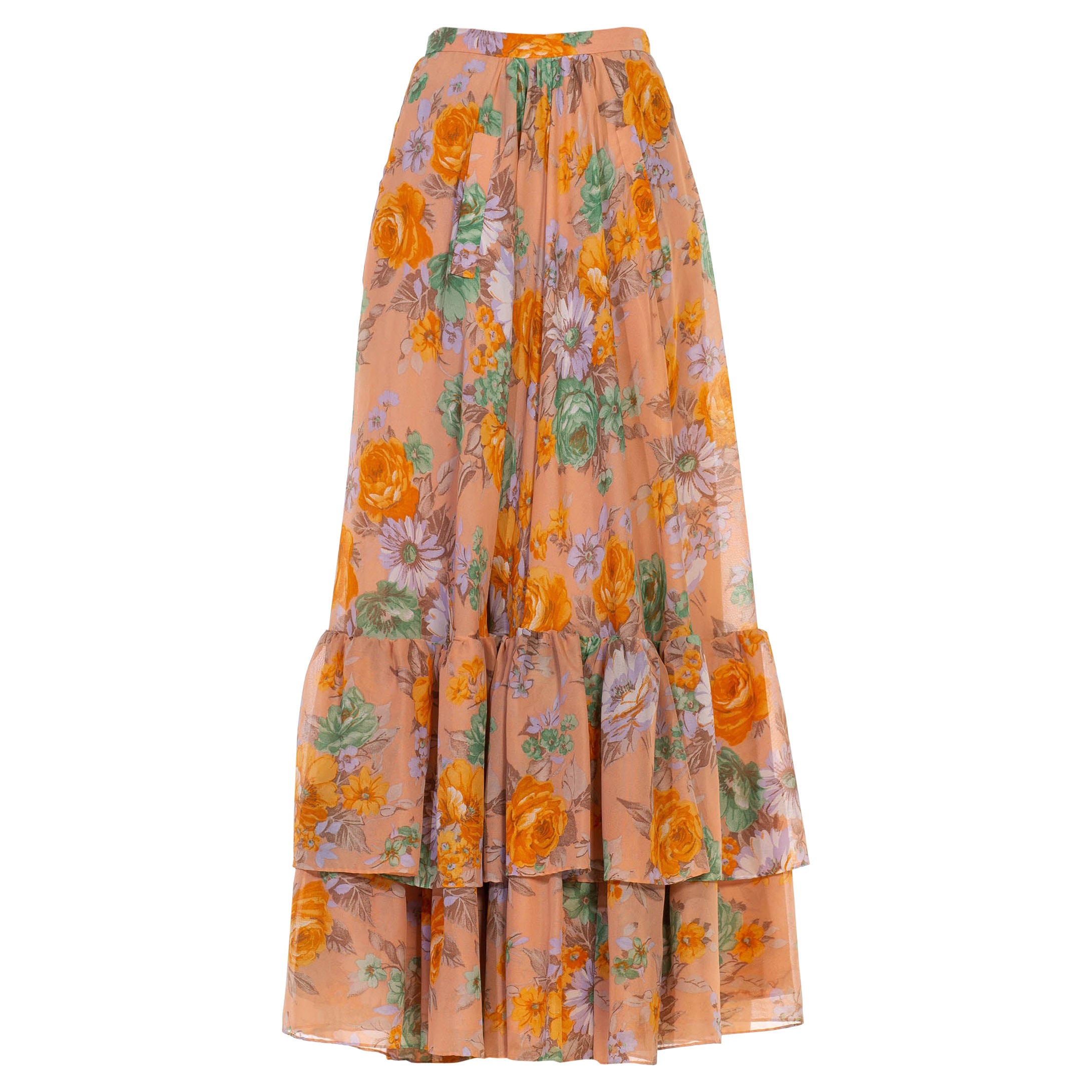 Jupe à volants à fleurs roses, orange et vertes des années 1970