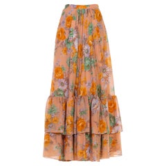 1970S Falda con volantes florales rosa empolvado, naranja y verde