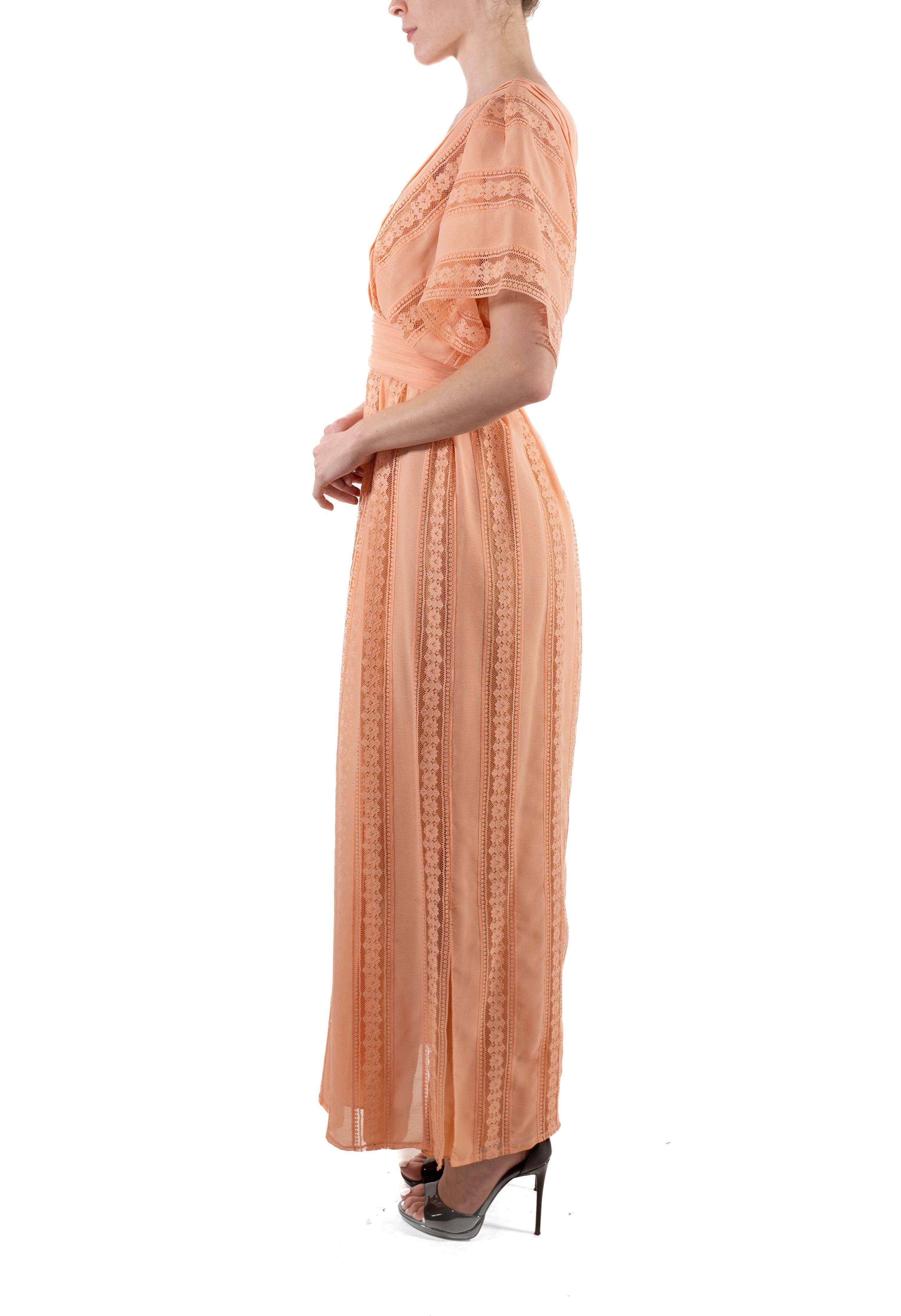 Beige 1970S Dusty Rose Poly/Nylon Crepe Chiffon & Lace Kimono Sleeve Boho Dress For Sale