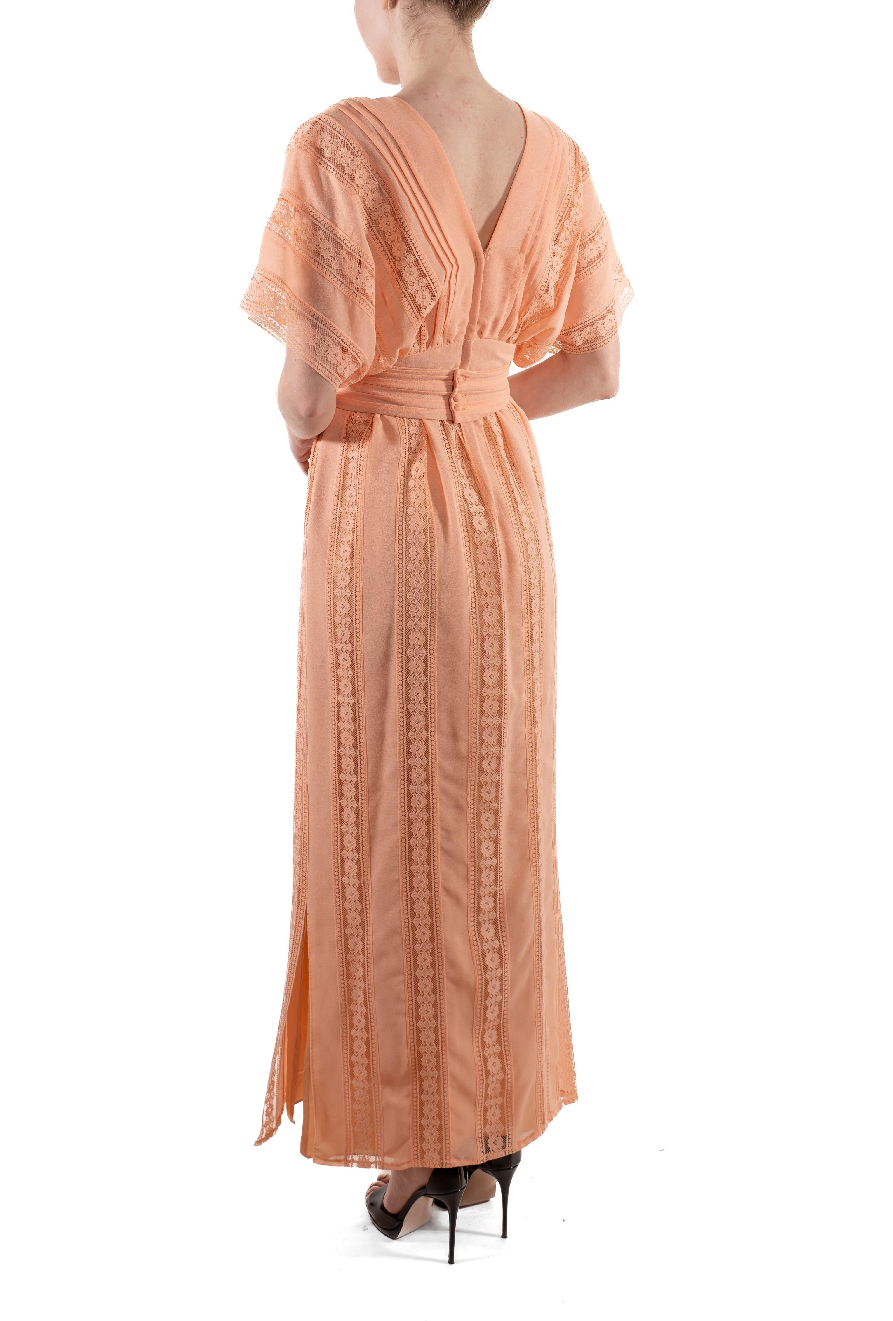 Women's 1970S Dusty Rose Poly/Nylon Crepe Chiffon & Lace Kimono Sleeve Boho Dress For Sale