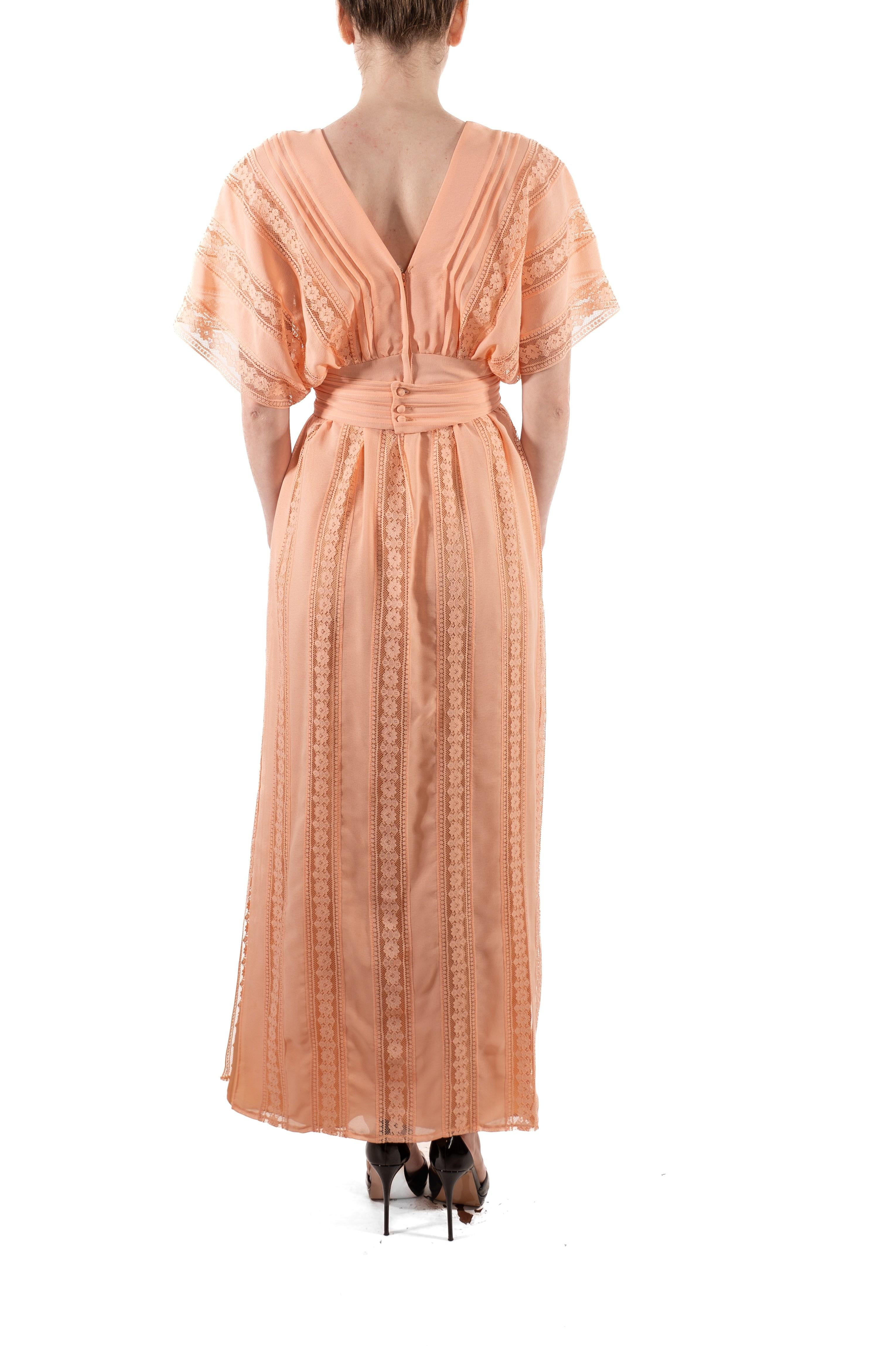 1970S Dusty Rose Poly/Nylon Crepe Chiffon & Lace Kimono Sleeve Boho Dress For Sale 1