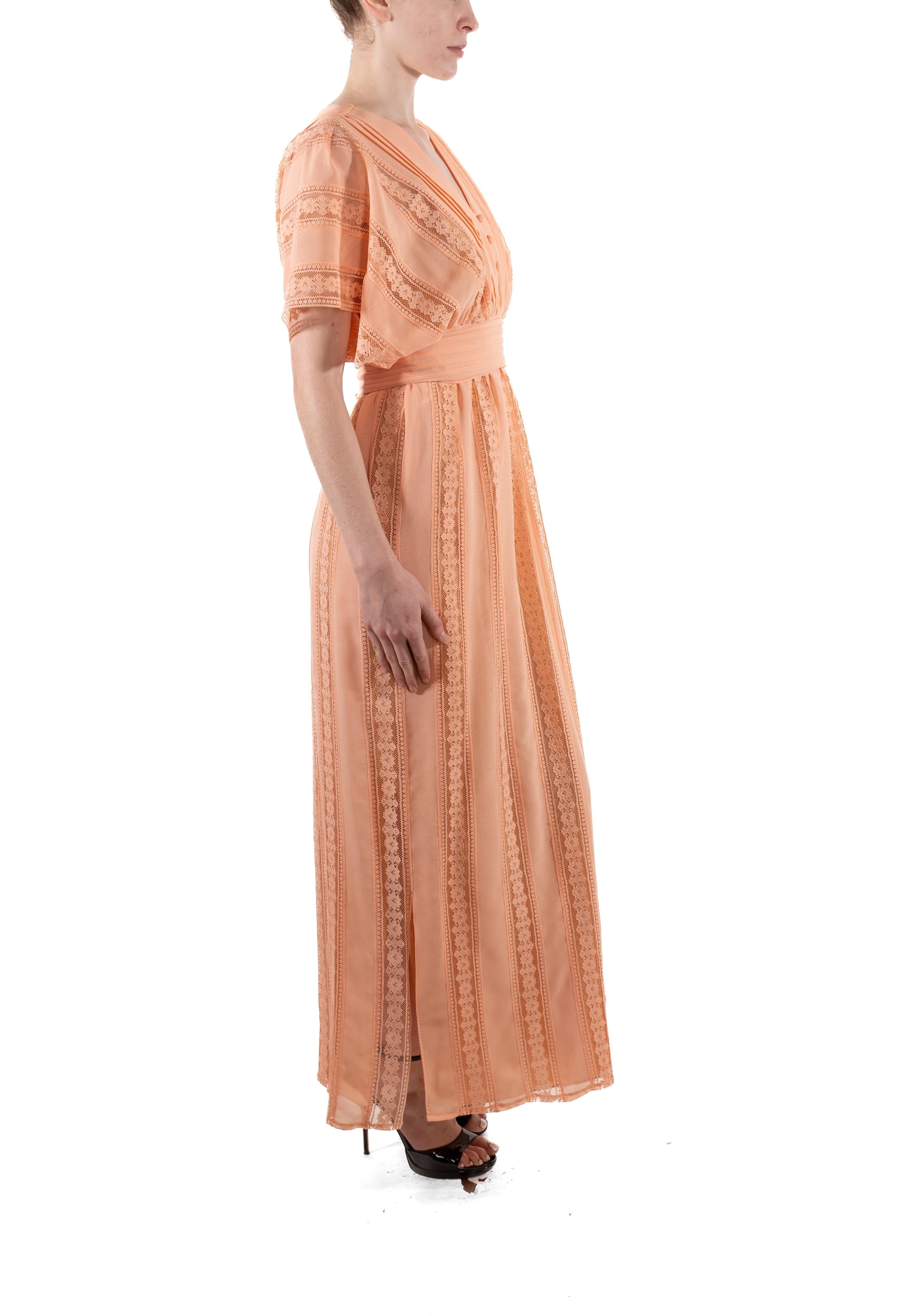 1970S Dusty Rose Poly/Nylon Crepe Chiffon & Lace Kimono Sleeve Boho Dress For Sale 2