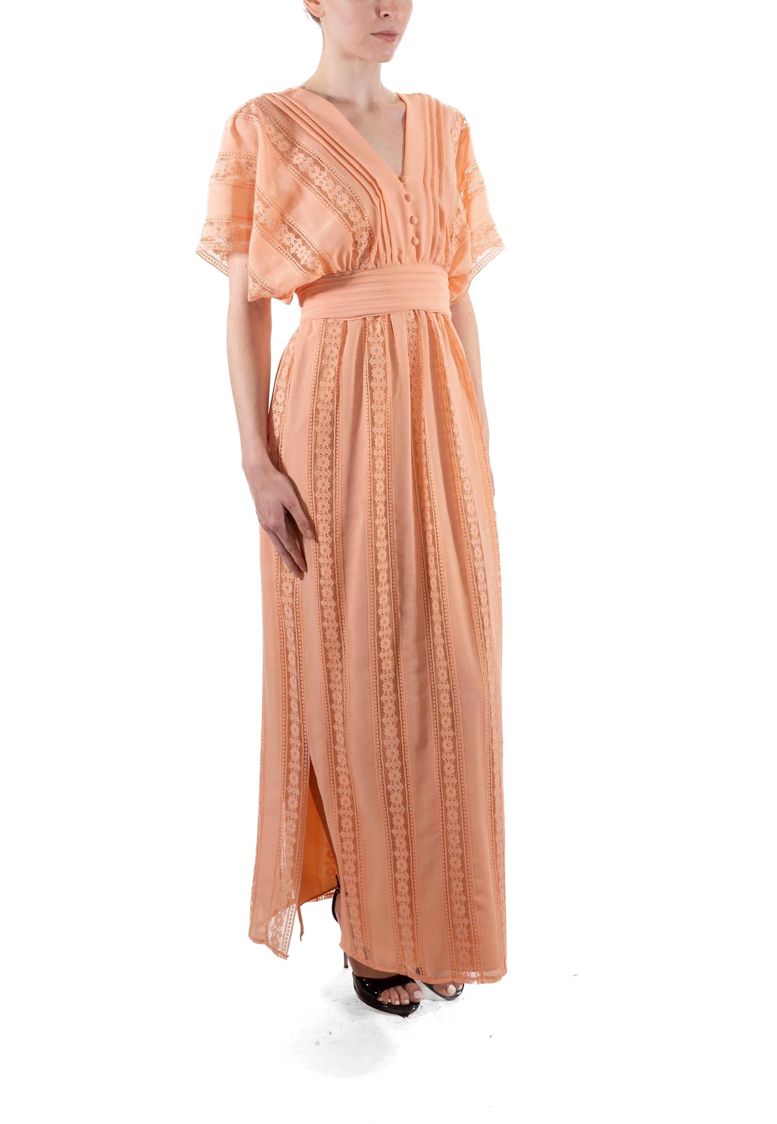 1970S Dusty Rose Poly/Nylon Crepe Chiffon & Lace Kimono Sleeve Boho Dress For Sale 3