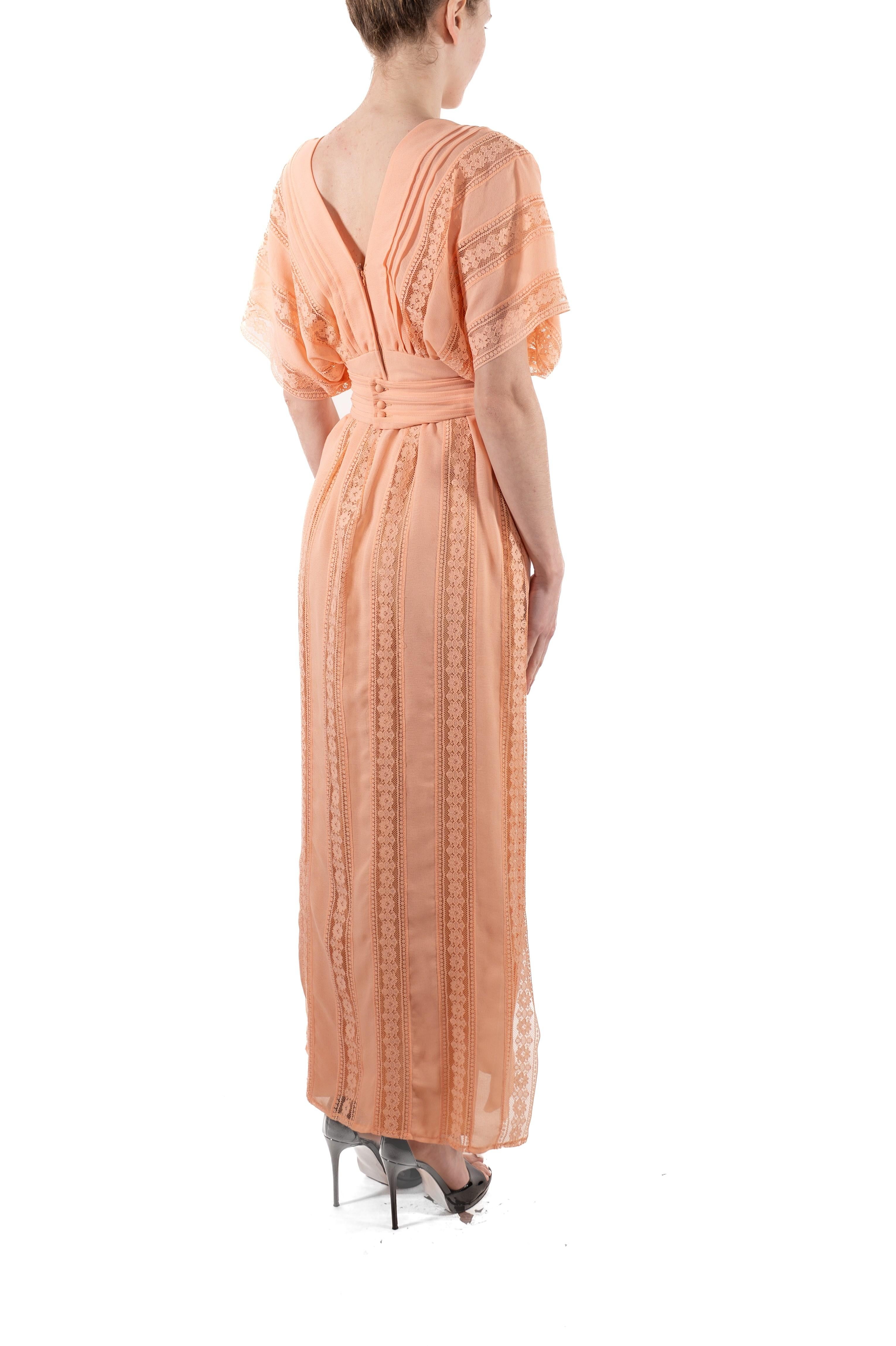 1970S Dusty Rose Poly/Nylon Crepe Chiffon & Lace Kimono Sleeve Boho Dress For Sale 4