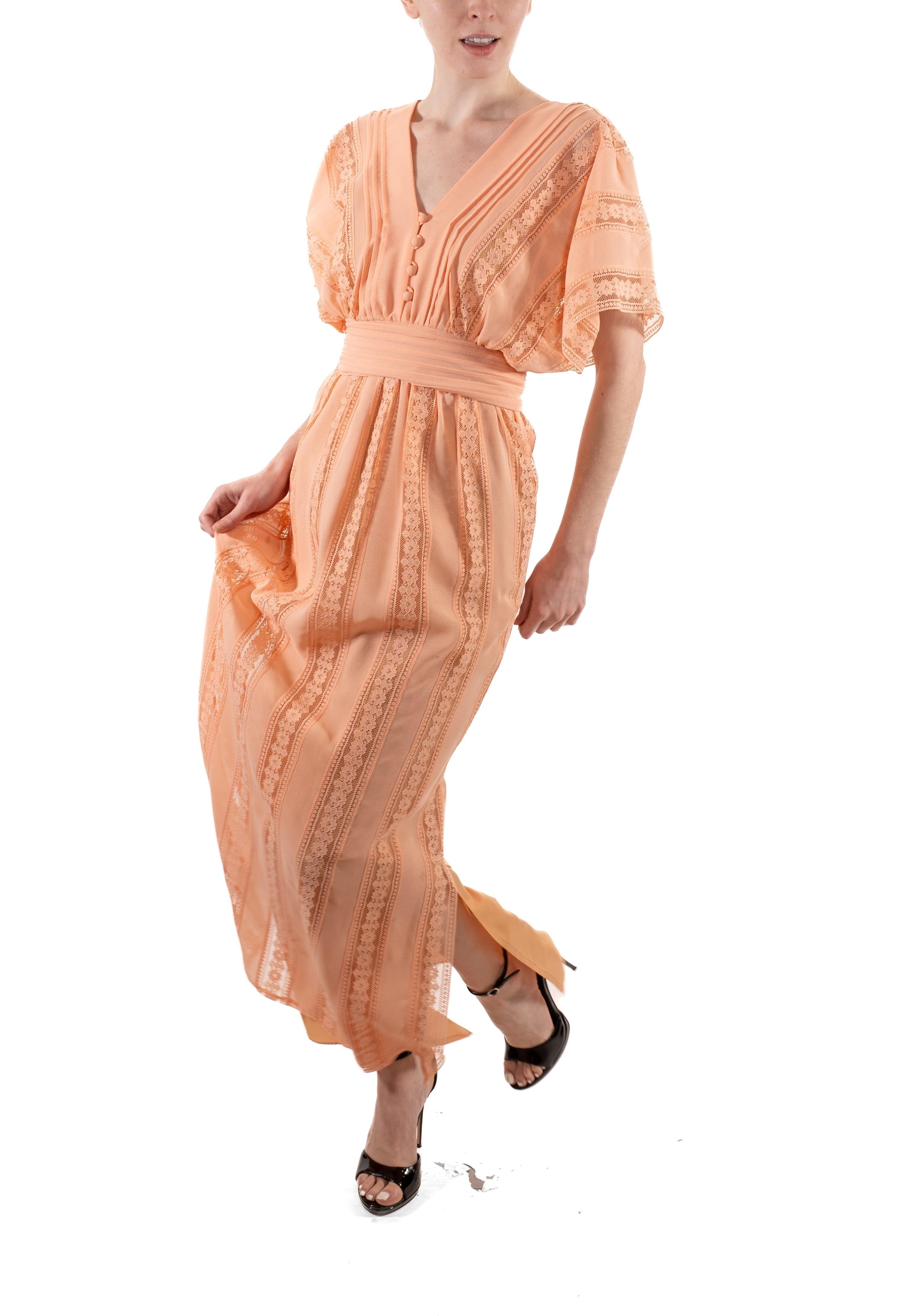 1970S Dusty Rose Poly/Nylon Crepe Chiffon & Lace Kimono Sleeve Boho Dress For Sale 5