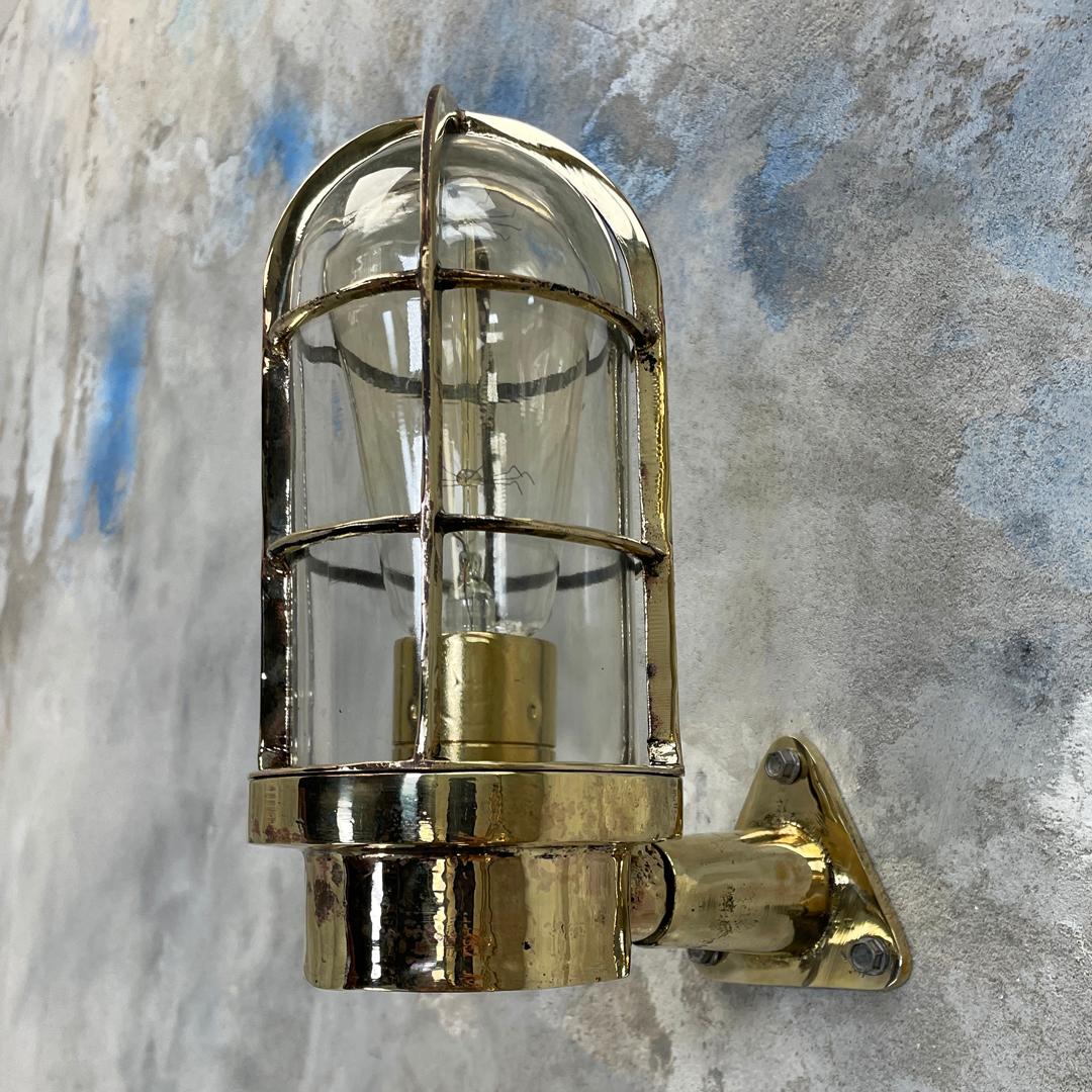 1970's Dutch Industrial Rotterdam Brass 90 Degree Wall Lamp - Glass Dome & Cage For Sale 5