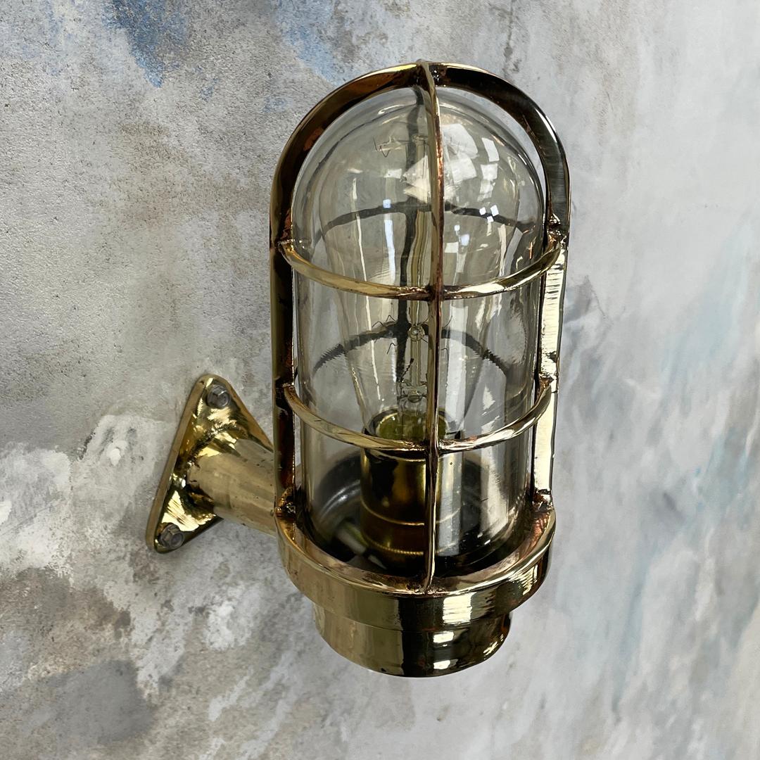1970's Dutch Industrial Rotterdam Brass 90 Degree Wall Lamp - Glass Dome & Cage For Sale 6
