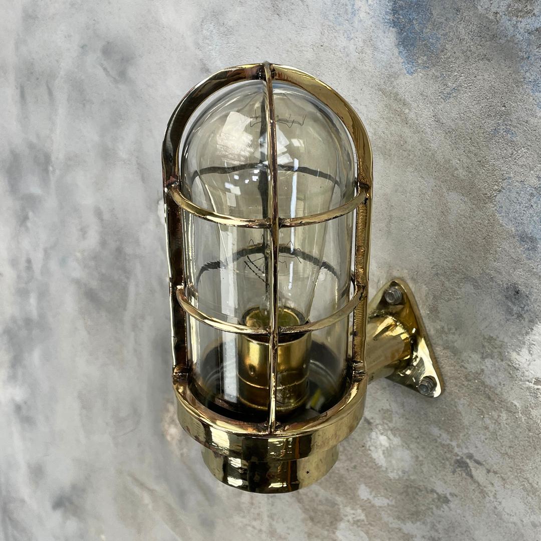 1970's Dutch Industrial Rotterdam Brass 90 Degree Wall Lamp - Glass Dome & Cage For Sale 7