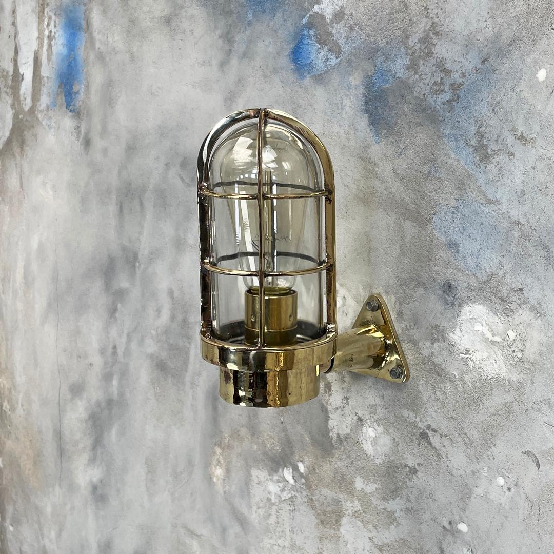 1970's Dutch Industrial Rotterdam Brass 90 Degree Wall Lamp - Glass Dome & Cage For Sale 8