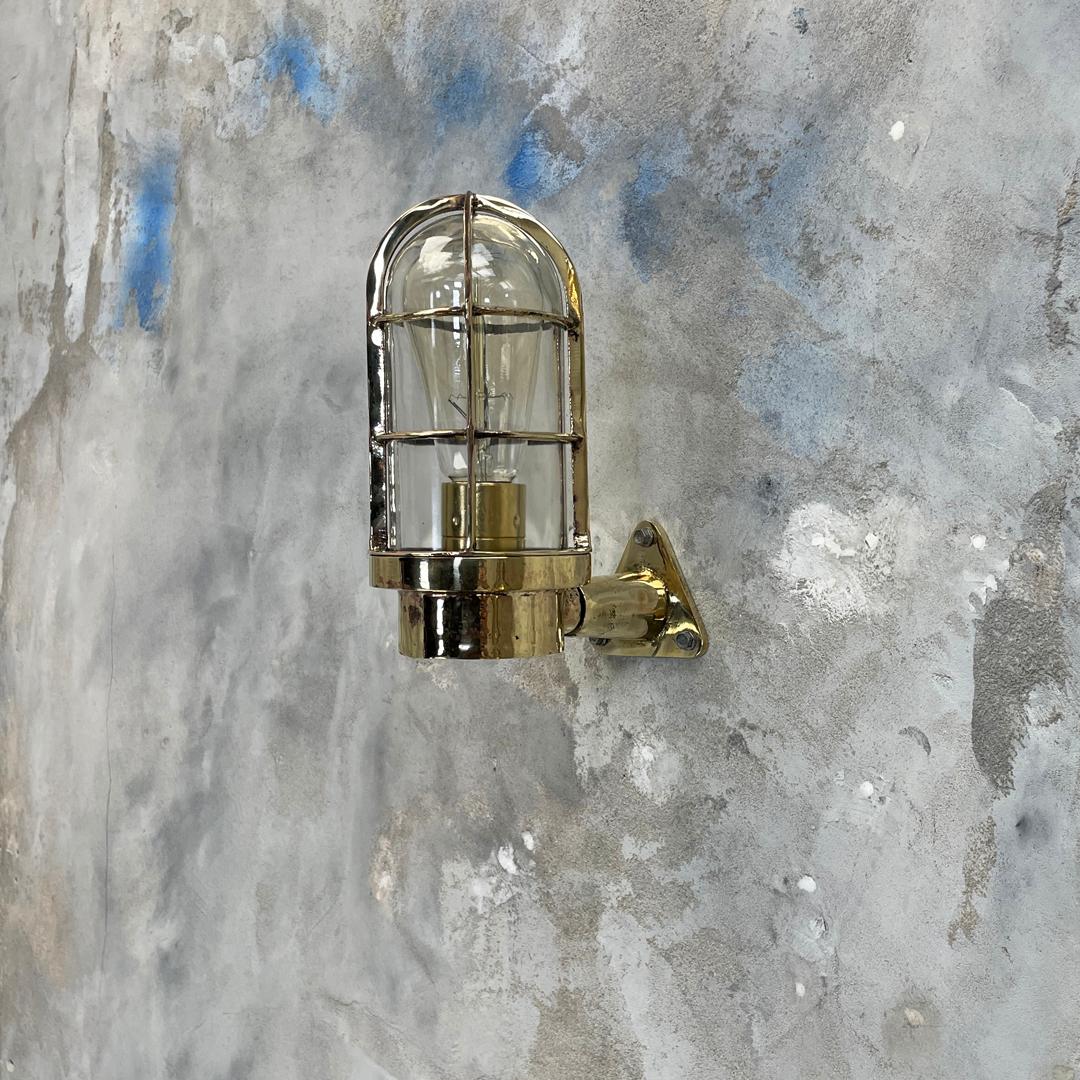 1970's Dutch Industrial Rotterdam Brass 90 Degree Wall Lamp - Glass Dome & Cage For Sale 9