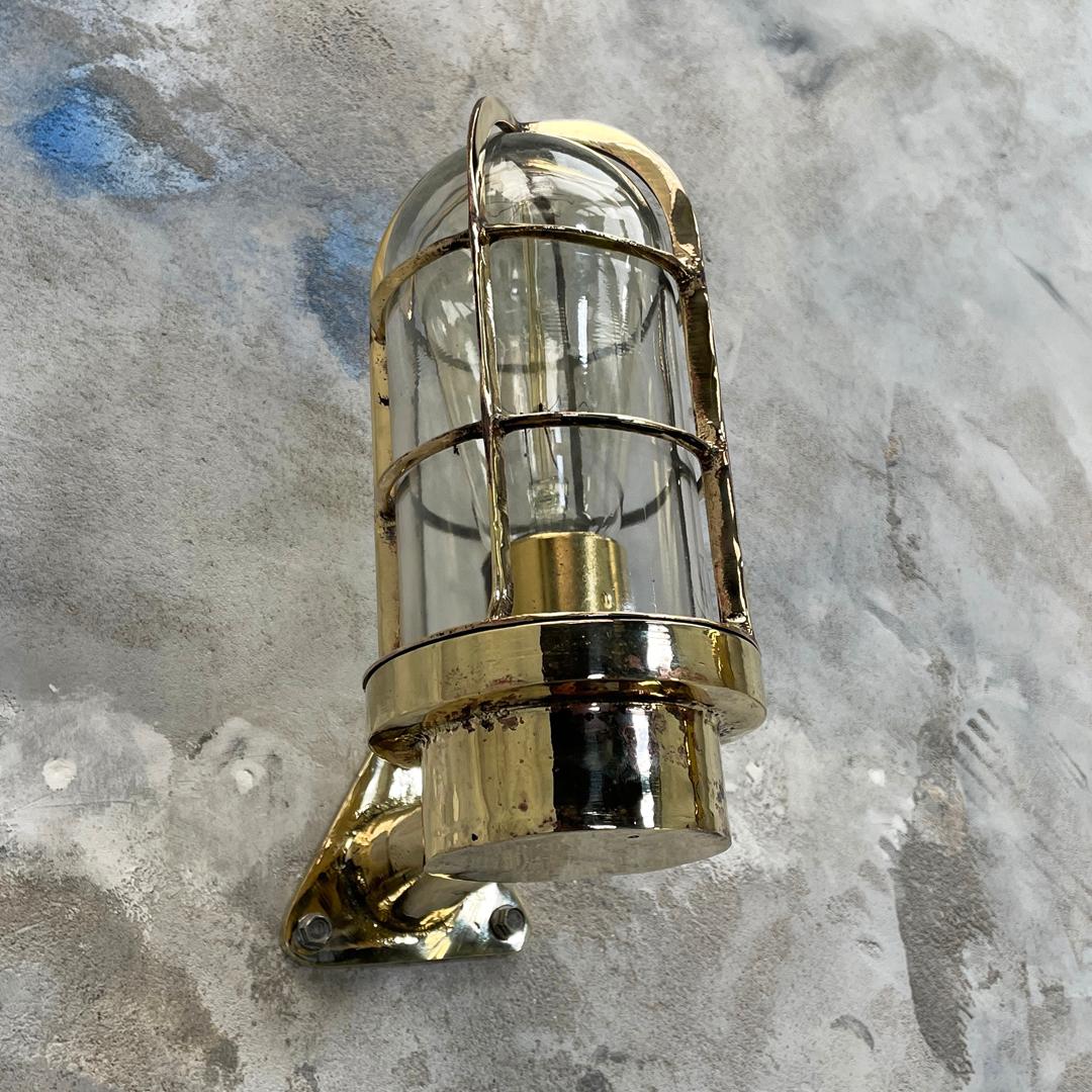 1970's Dutch Industrial Rotterdam Brass 90 Degree Wall Lamp - Glass Dome & Cage In Good Condition For Sale In Leicester, Leicestershire