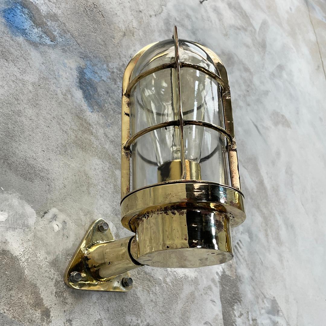 Late 20th Century 1970's Dutch Industrial Rotterdam Brass 90 Degree Wall Lamp - Glass Dome & Cage For Sale