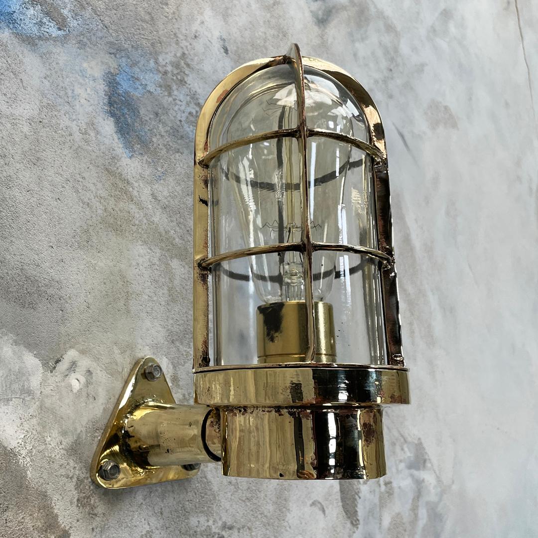 1970's Dutch Industrial Rotterdam Brass 90 Degree Wall Lamp - Glass Dome & Cage For Sale 1