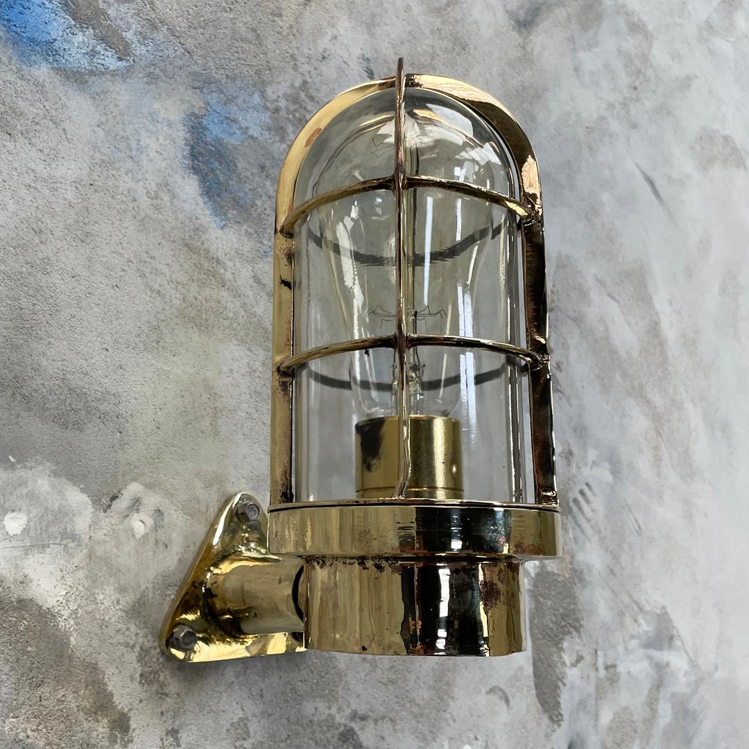 1970's Dutch Industrial Rotterdam Brass 90 Degree Wall Lamp - Glass Dome & Cage For Sale 2