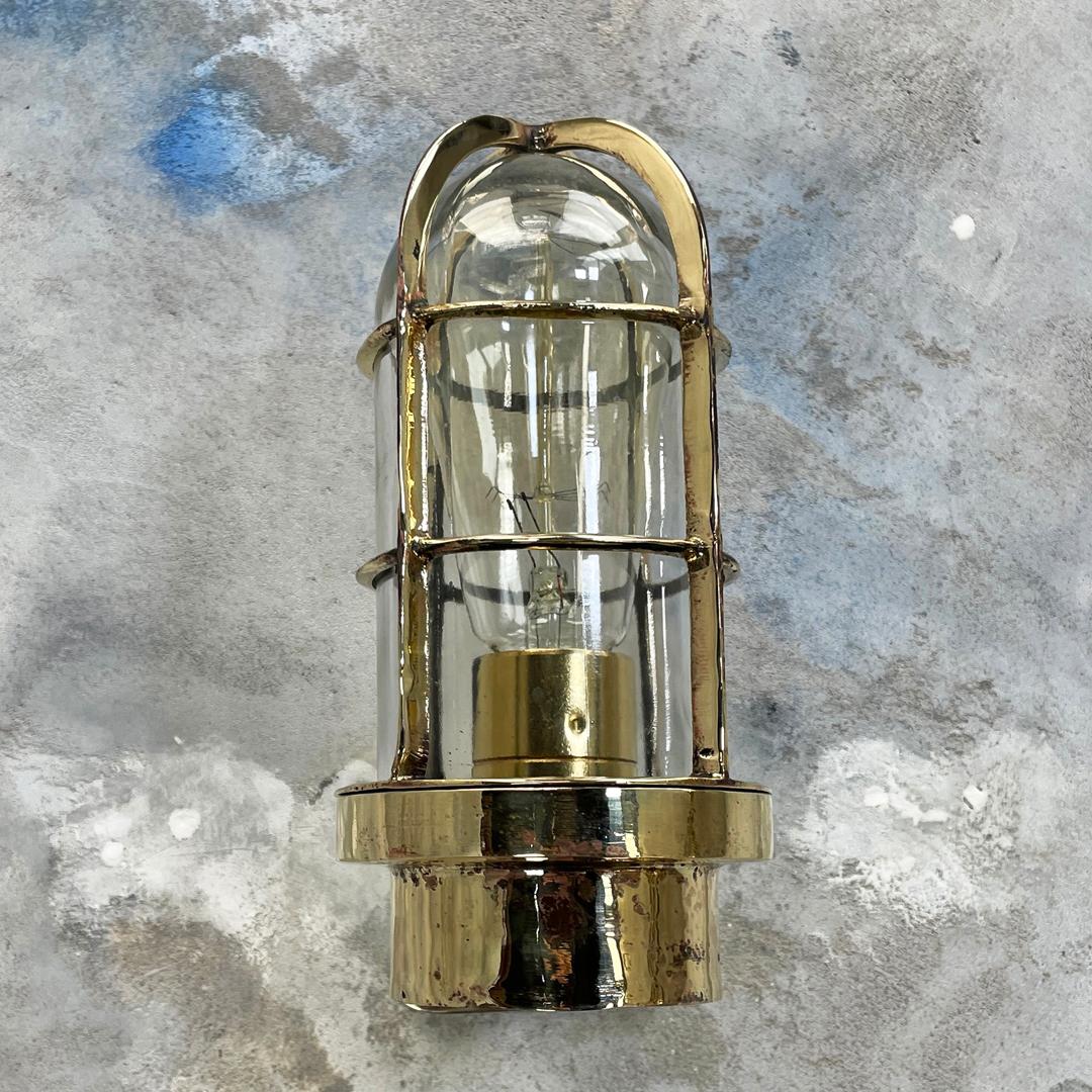 1970's Dutch Industrial Rotterdam Brass 90 Degree Wall Lamp - Glass Dome & Cage For Sale 3