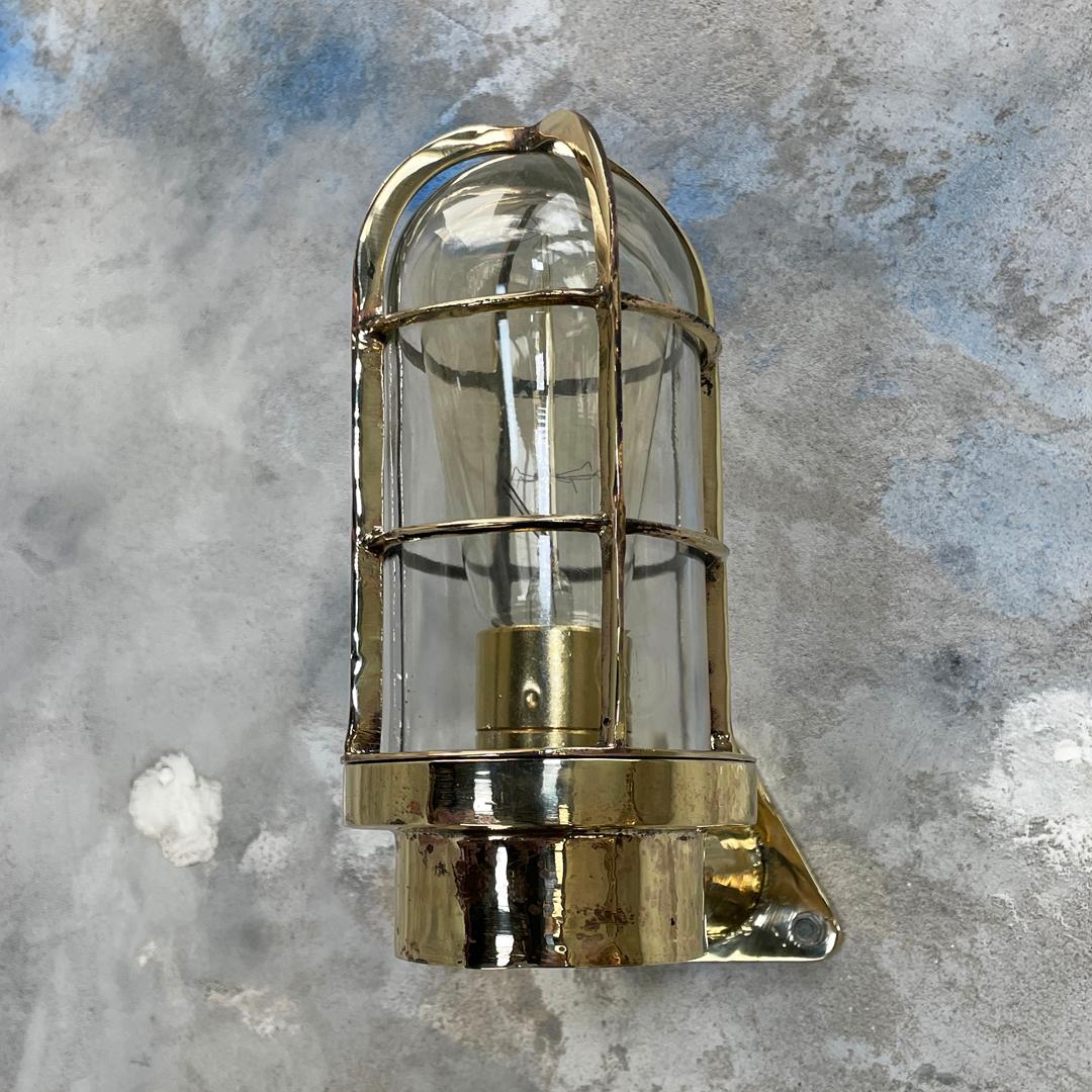 1970's Dutch Industrial Rotterdam Brass 90 Degree Wall Lamp - Glass Dome & Cage For Sale 4