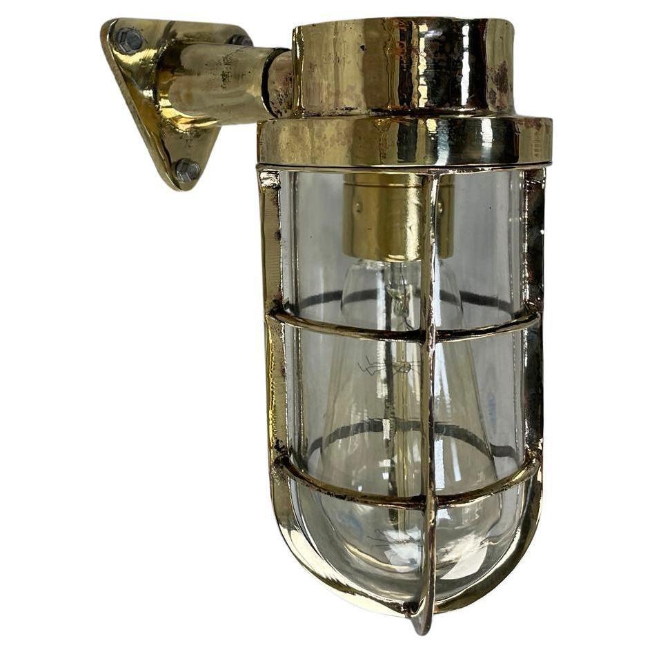 1970's Dutch Industrial Rotterdam Brass 90 Degree Wall Lamp - Glass Dome & Cage