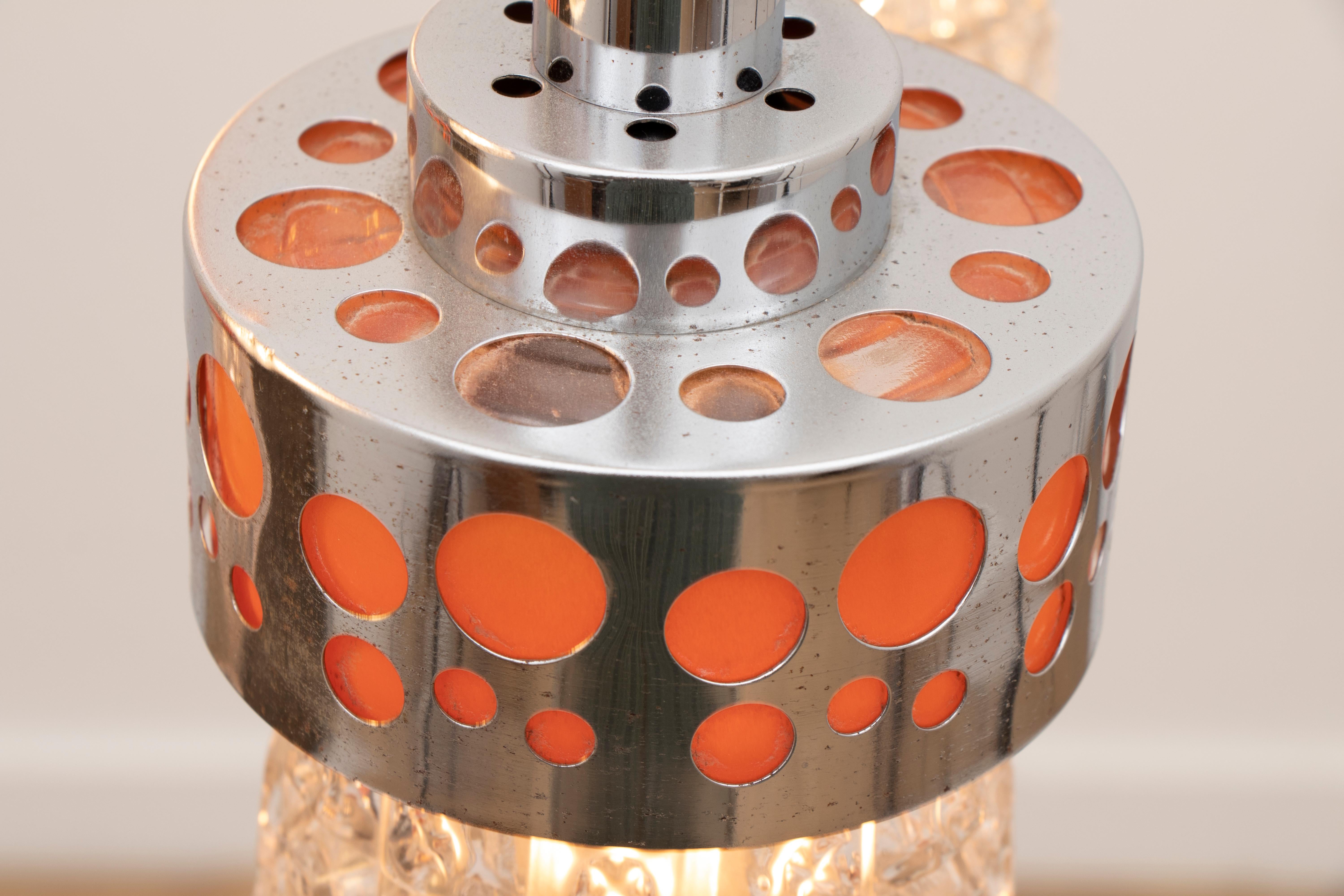 1970s Dutch RAAK Five Shade Chrome, Glass and Orange Plexiglass Hanging Light In Good Condition In London, GB