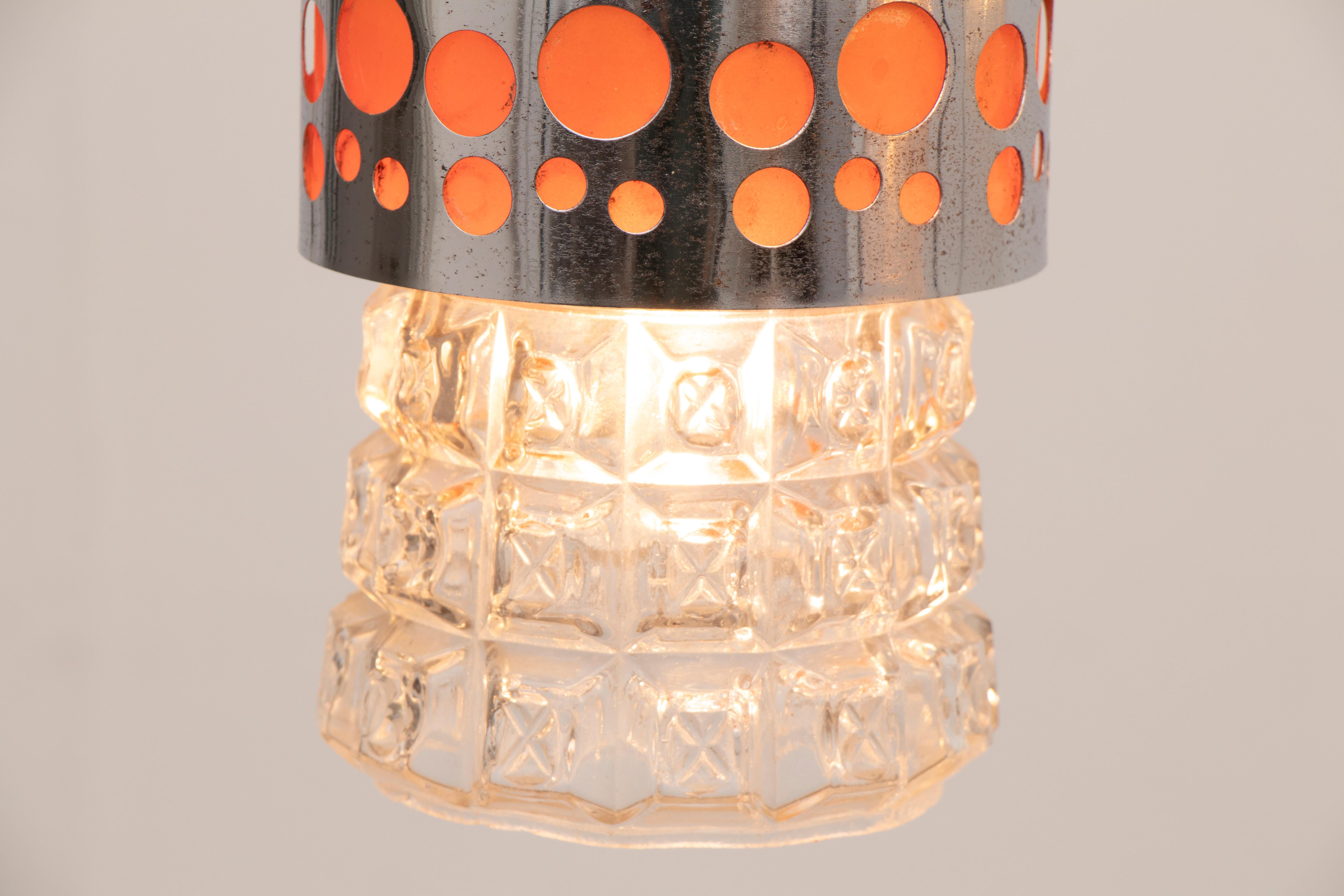20th Century 1970s Dutch RAAK Five Shade Chrome, Glass and Orange Plexiglass Hanging Light