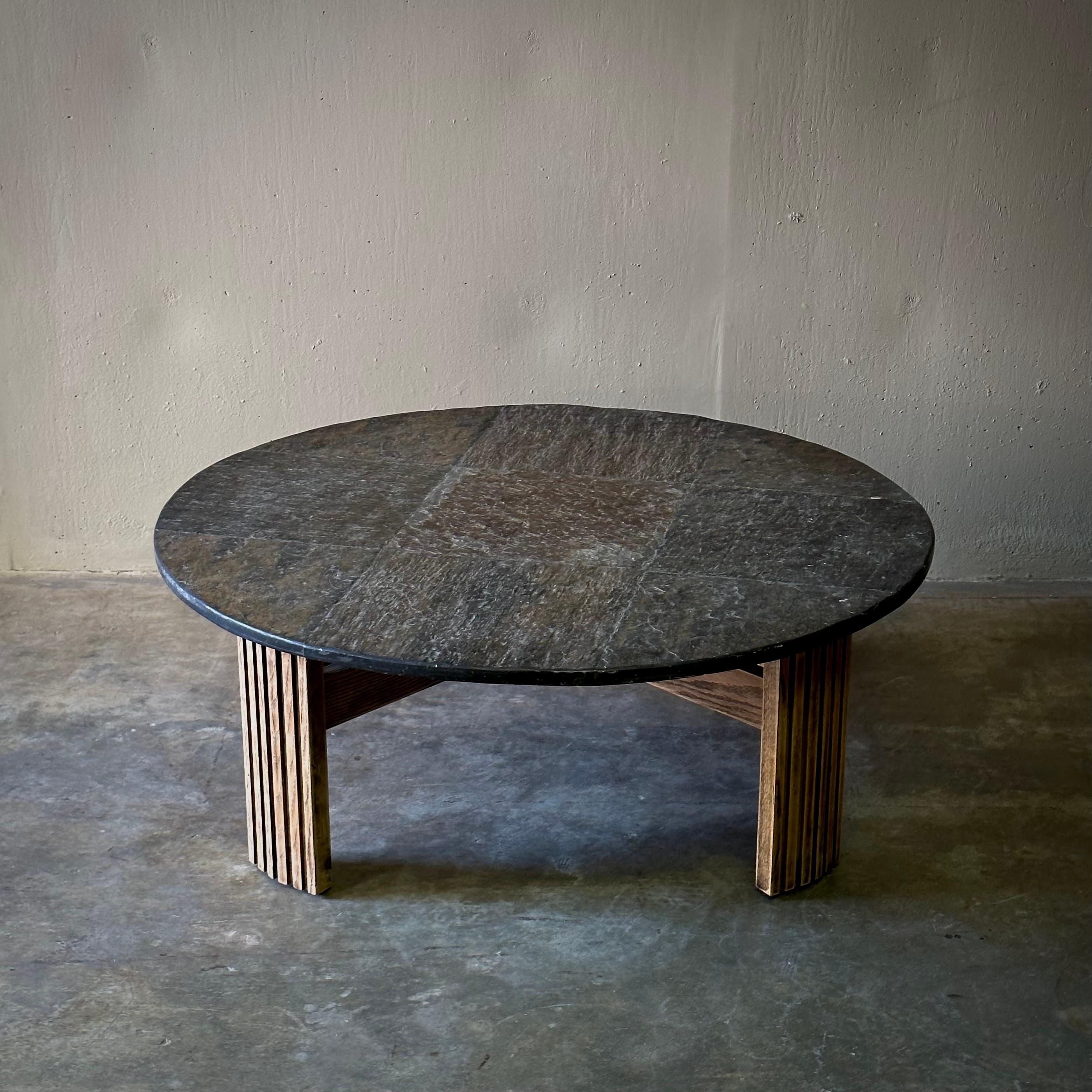 1970s Dutch Round Slate Coffee Table In Good Condition In Los Angeles, CA