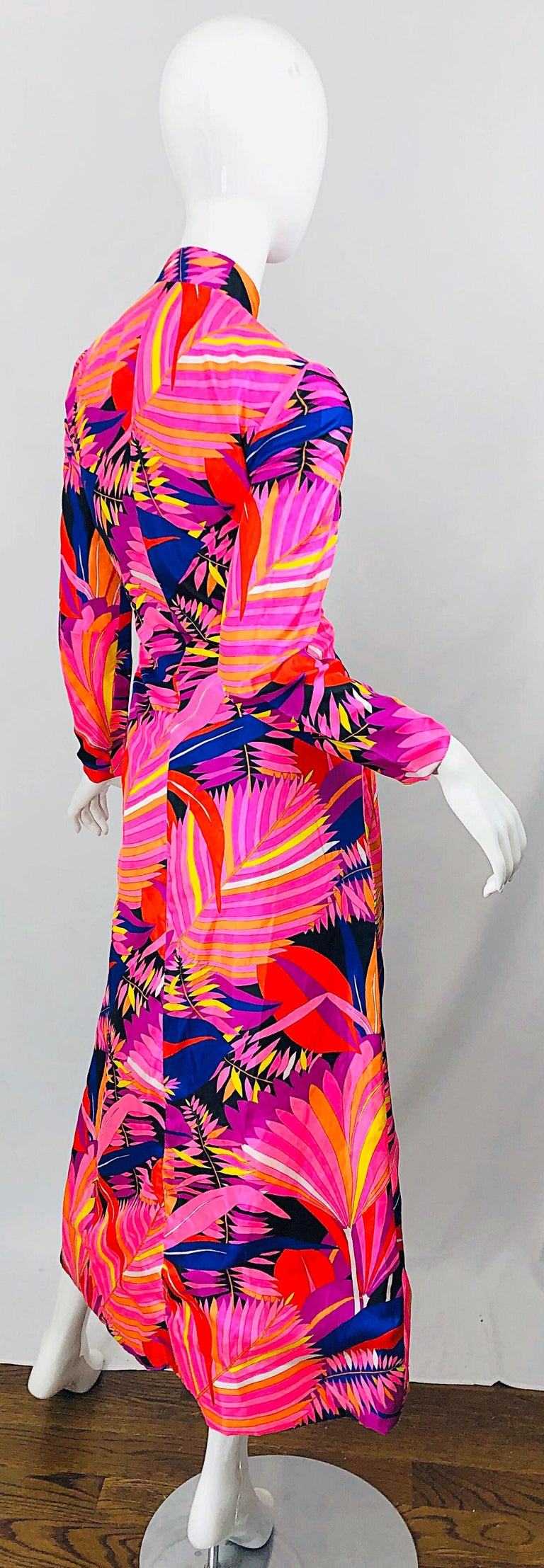 Women's 1970s Dynasty for I Magnin Psychedelic Vintage 70s Silk Cheongsam Maxi Dress For Sale