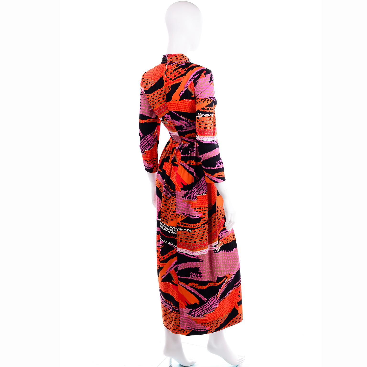 1970s Dynasty Vintage Maxi Dress in Mod Red Orange Pink & Black Abstract Print  1