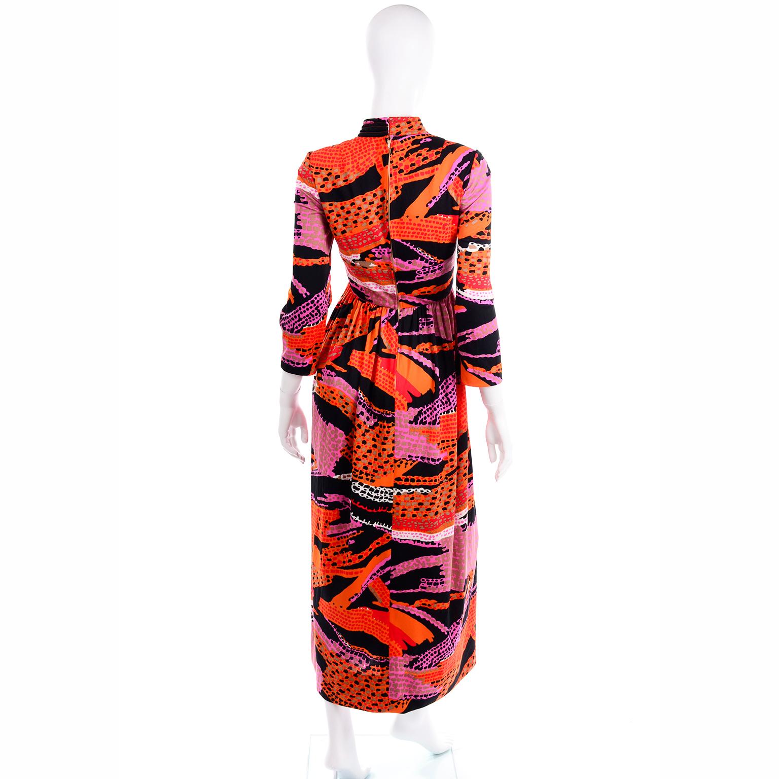 1970s Dynasty Vintage Maxi Dress in Mod Red Orange Pink & Black Abstract Print  2