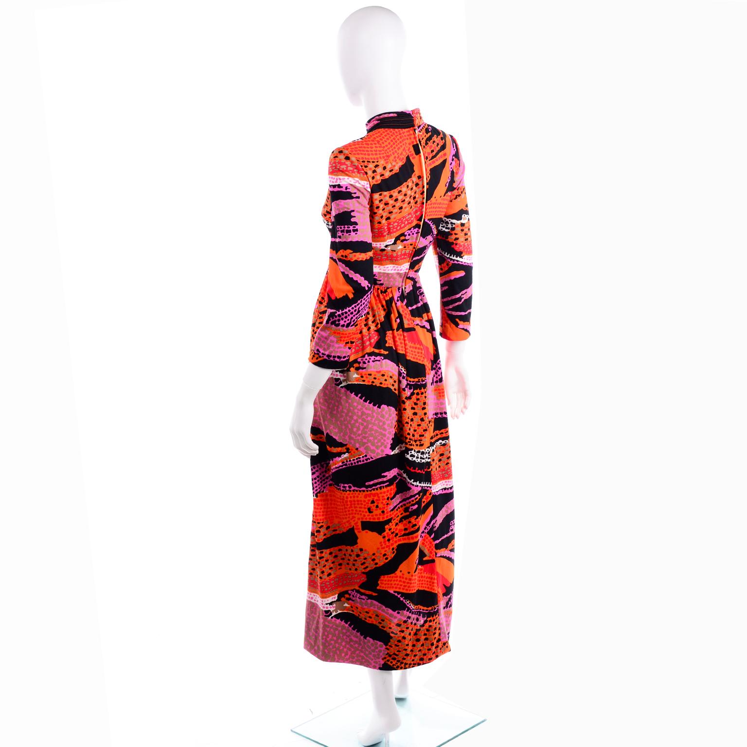 1970s Dynasty Vintage Maxi Dress in Mod Red Orange Pink & Black Abstract Print  3