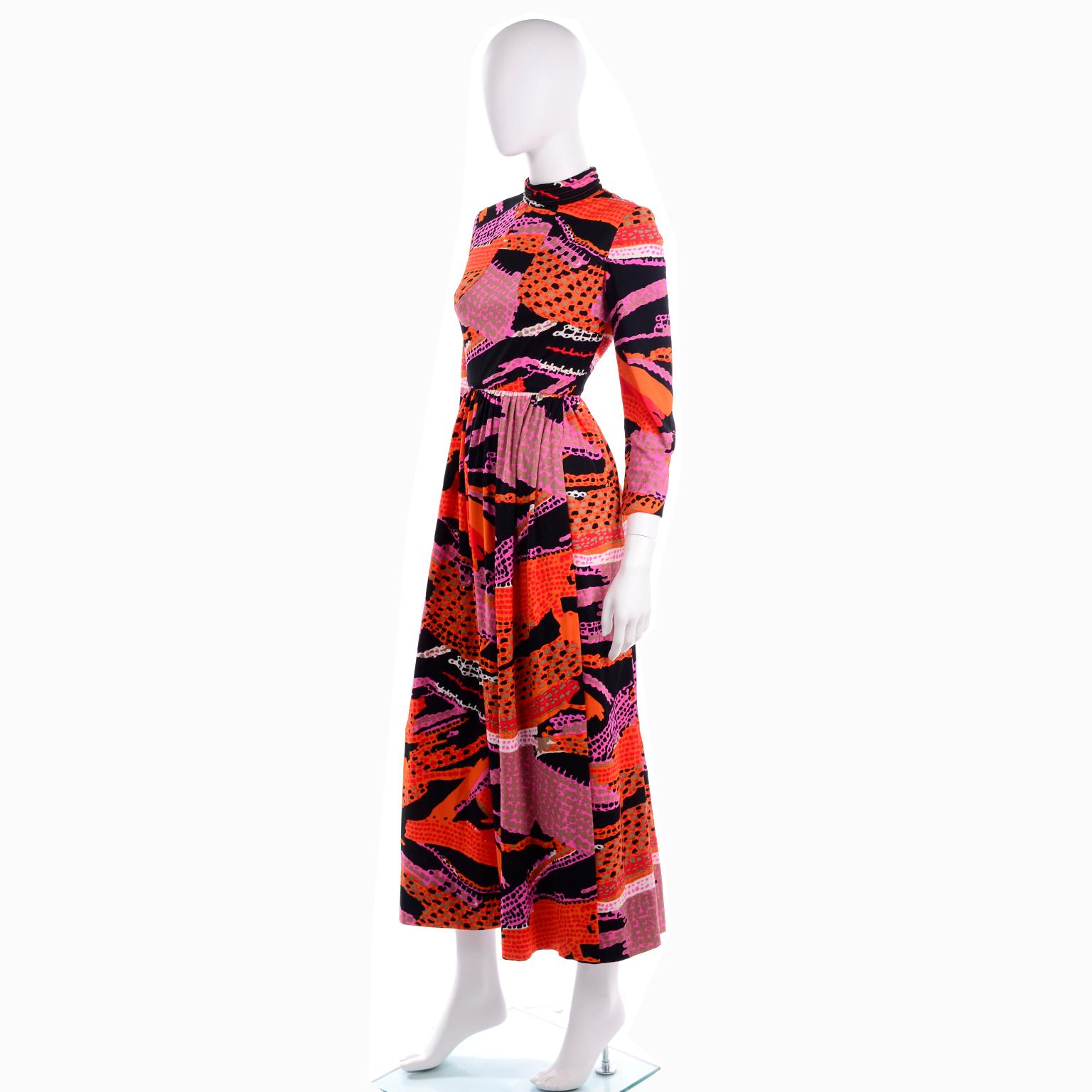 1970s Dynasty Vintage Maxi Dress in Mod Red Orange Pink & Black Abstract Print  4