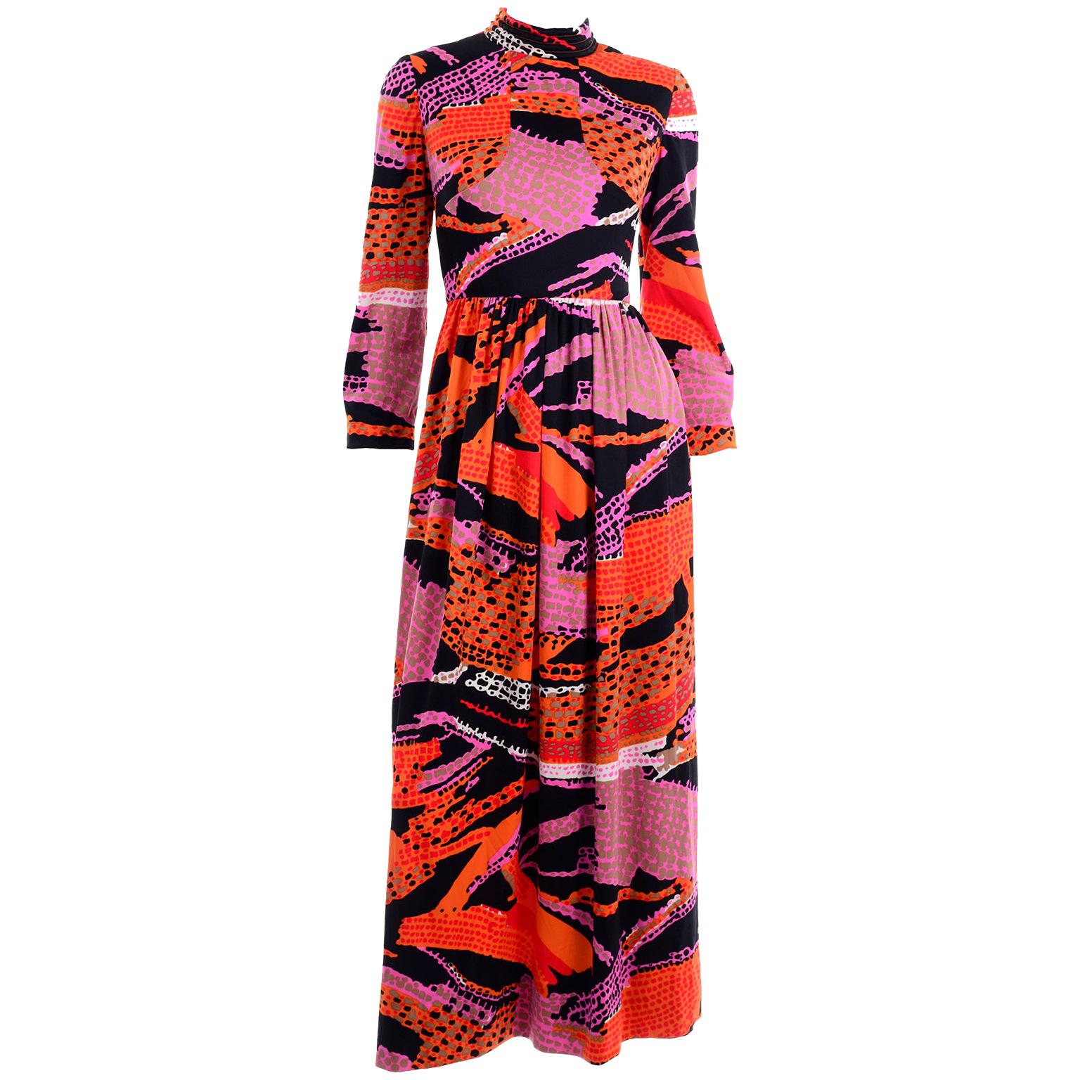 1970s Dynasty Vintage Maxi Dress in Mod Red Orange Pink & Black Abstract Print 