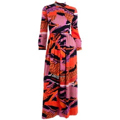 1970s Dynasty Vintage Maxi Dress in Mod Red Orange Pink 
Black Abstract Print