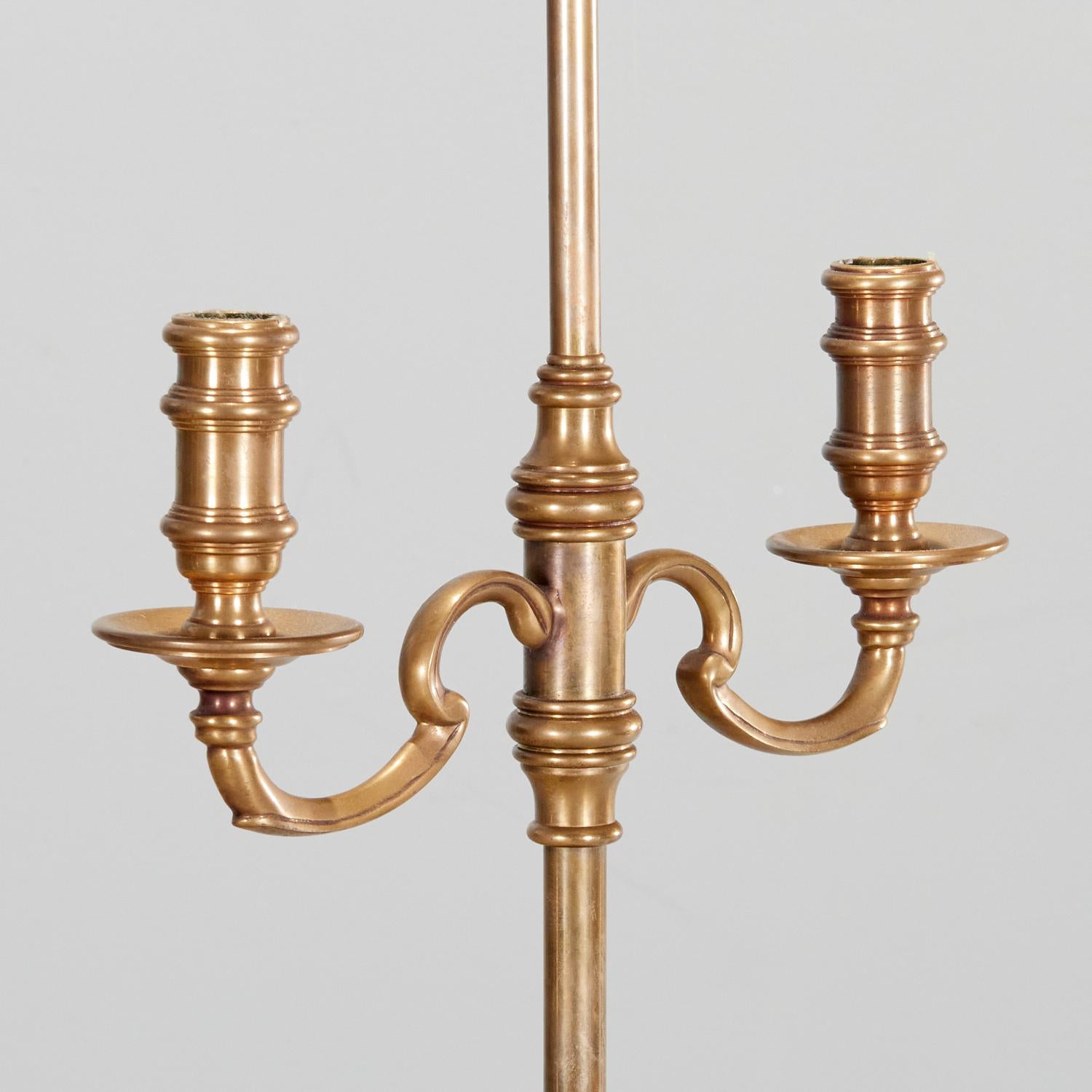 Neoclassical 1970's E. F. Chapman Brass and Black Tole Bouillotte Style Floor Lamp/Candelabra For Sale