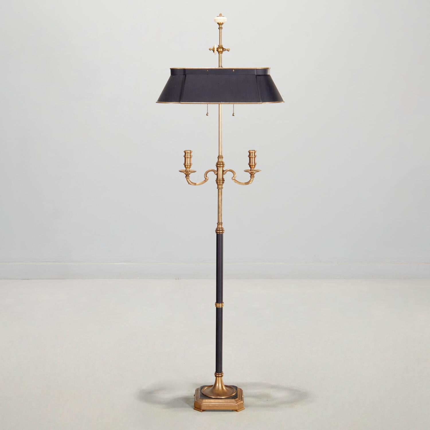 Late 20th Century 1970's E. F. Chapman Brass and Black Tole Bouillotte Style Floor Lamp/Candelabra For Sale