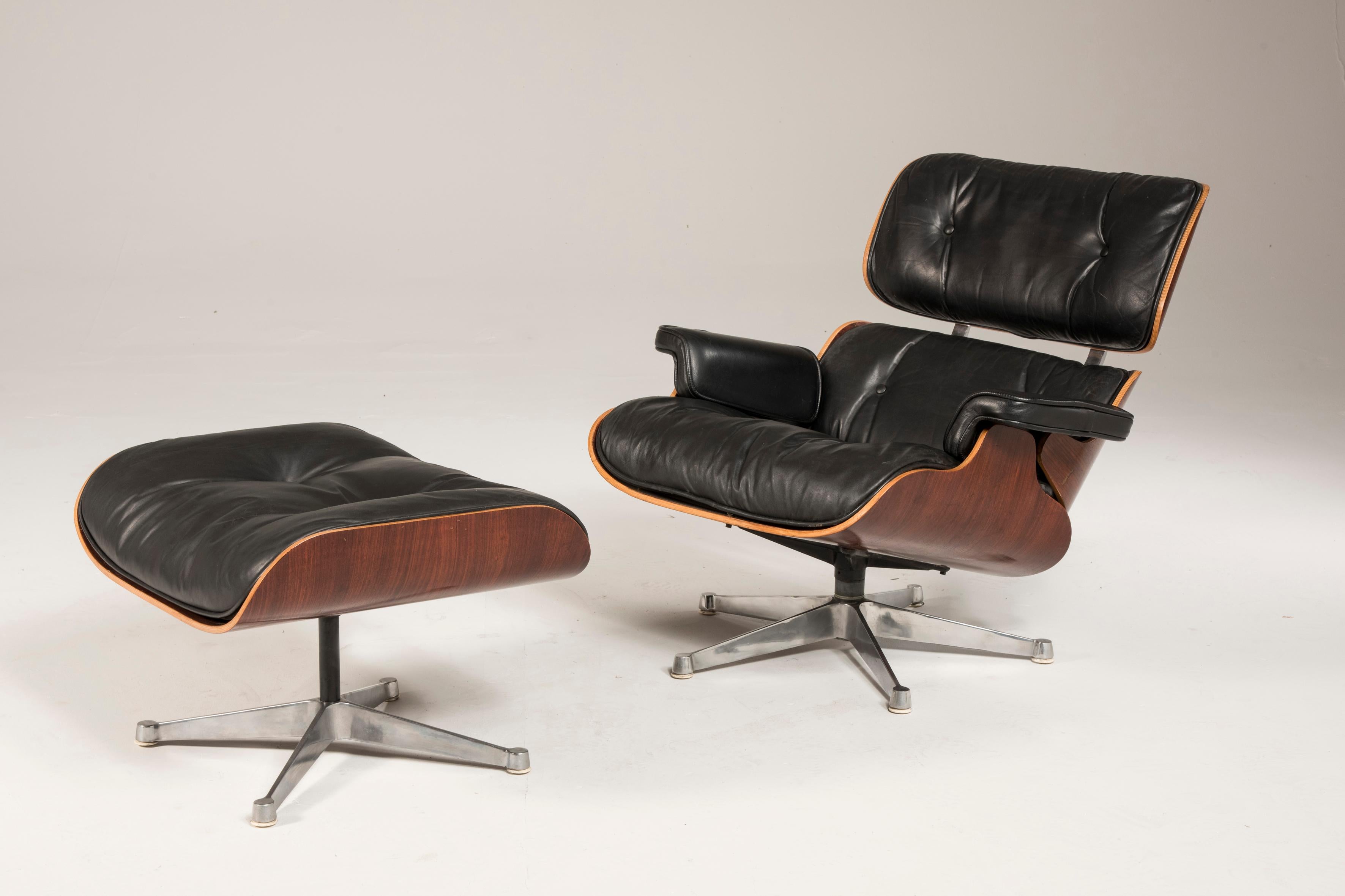 1970s Eames lounge chair and ottoman black leather by ICF 

We have found these pieces which have been produced by ICF, an Italian Milanese company . These set is a very rare specimen since it is one produced by ICF which was one of four licensed