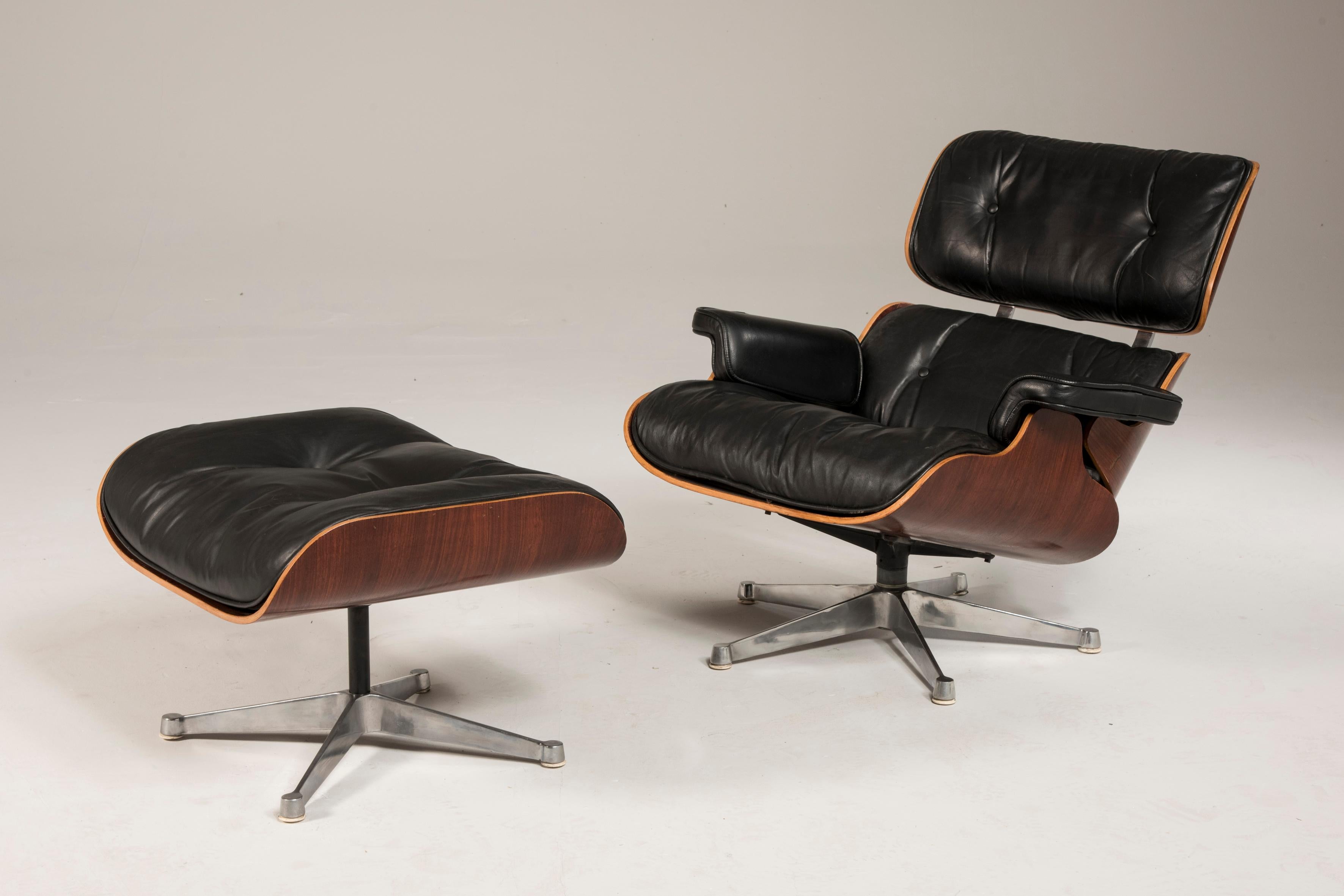 Modern 1970s Eames 670 Lounge Chair and 671 Ottoman Black Leather by ICF