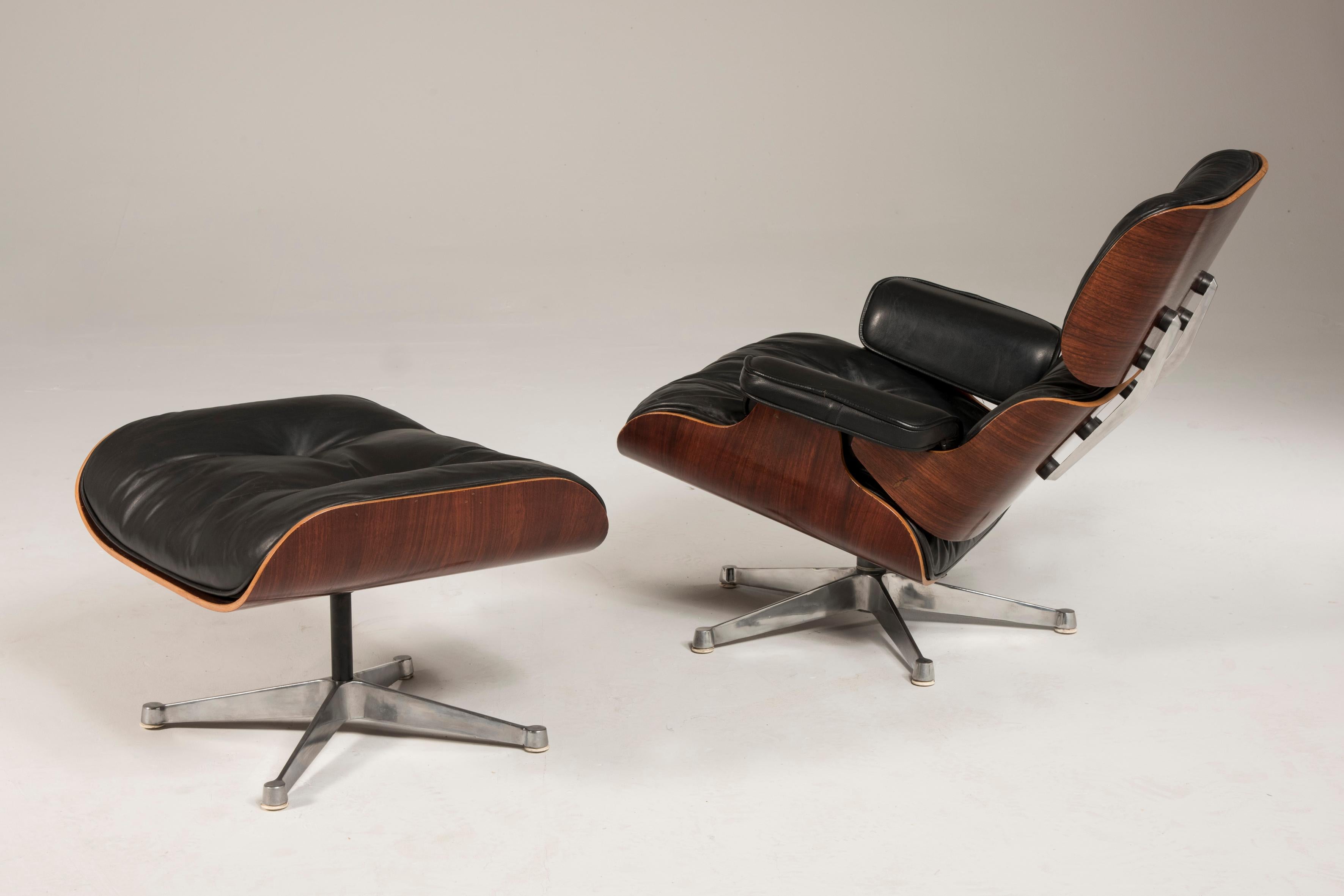 Italian 1970s Eames 670 Lounge Chair and 671 Ottoman Black Leather by ICF