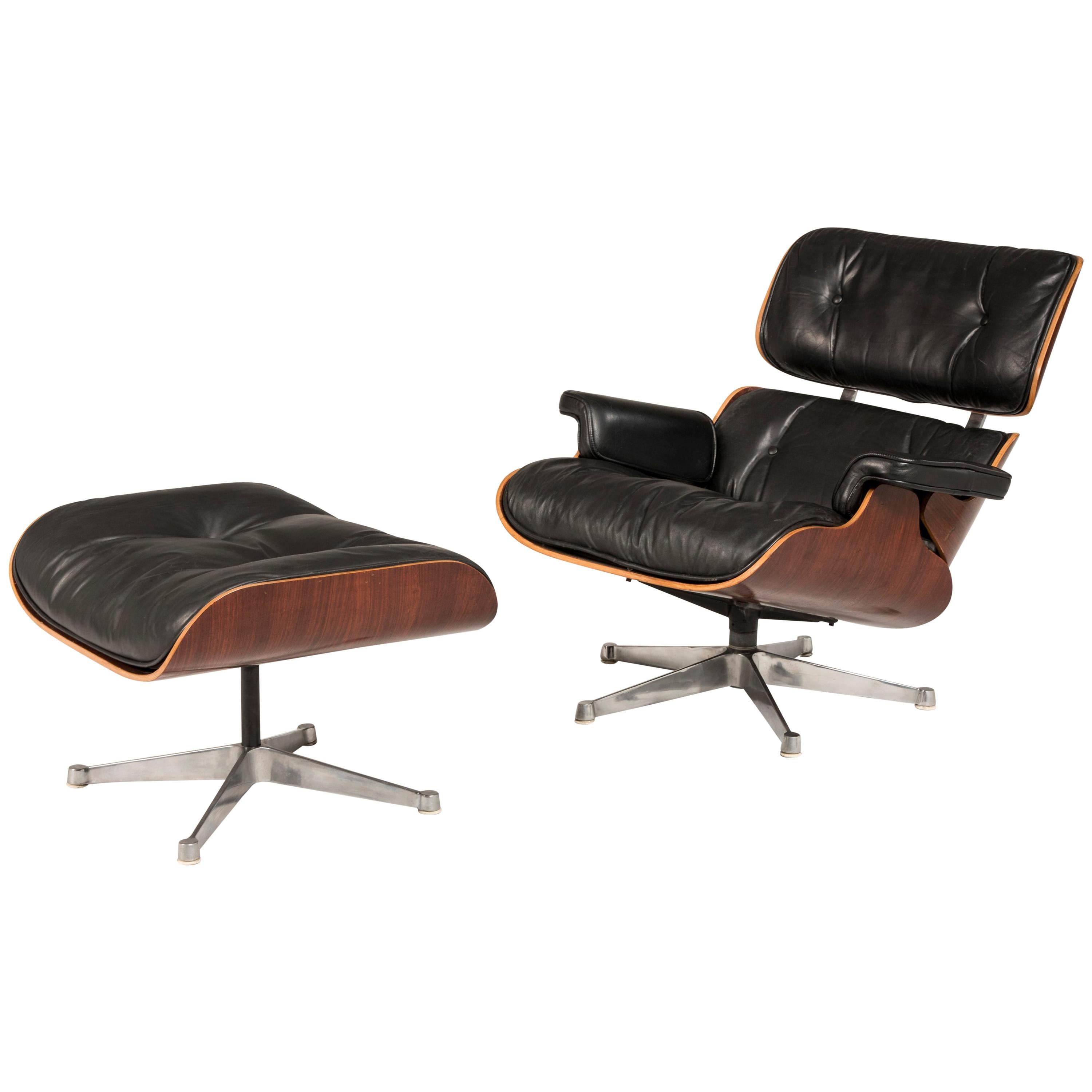 1970s Eames 670 Lounge Chair and 671 Ottoman Black Leather by ICF