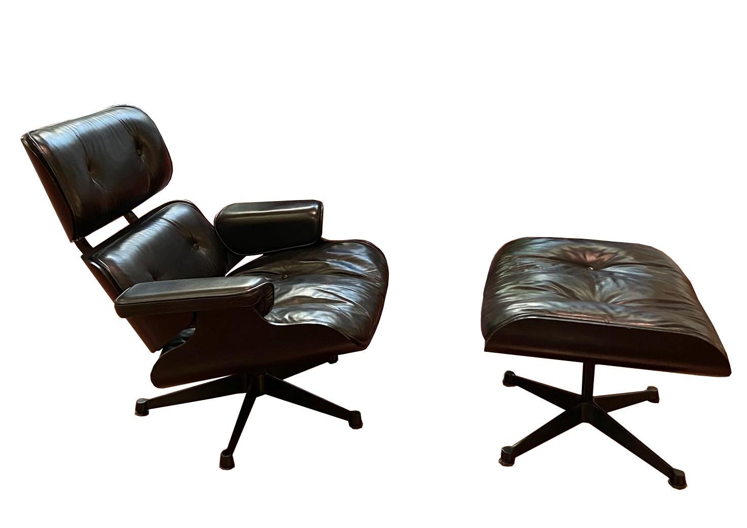 1970s Eames 670 Lounge Chair and 671 Ottoman Black Leather Herman Miller by ICF 1