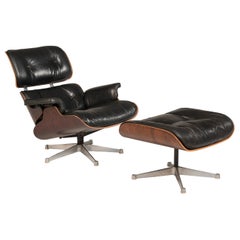 Vintage 1970s Eames 670 Lounge Chair and 671 Ottoman Black Leather Herman Miller by ICF