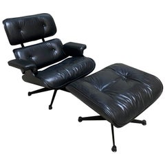 1970s Eames 670 Lounge Chair and 671 Ottoman Black Leather Herman Miller by ICF