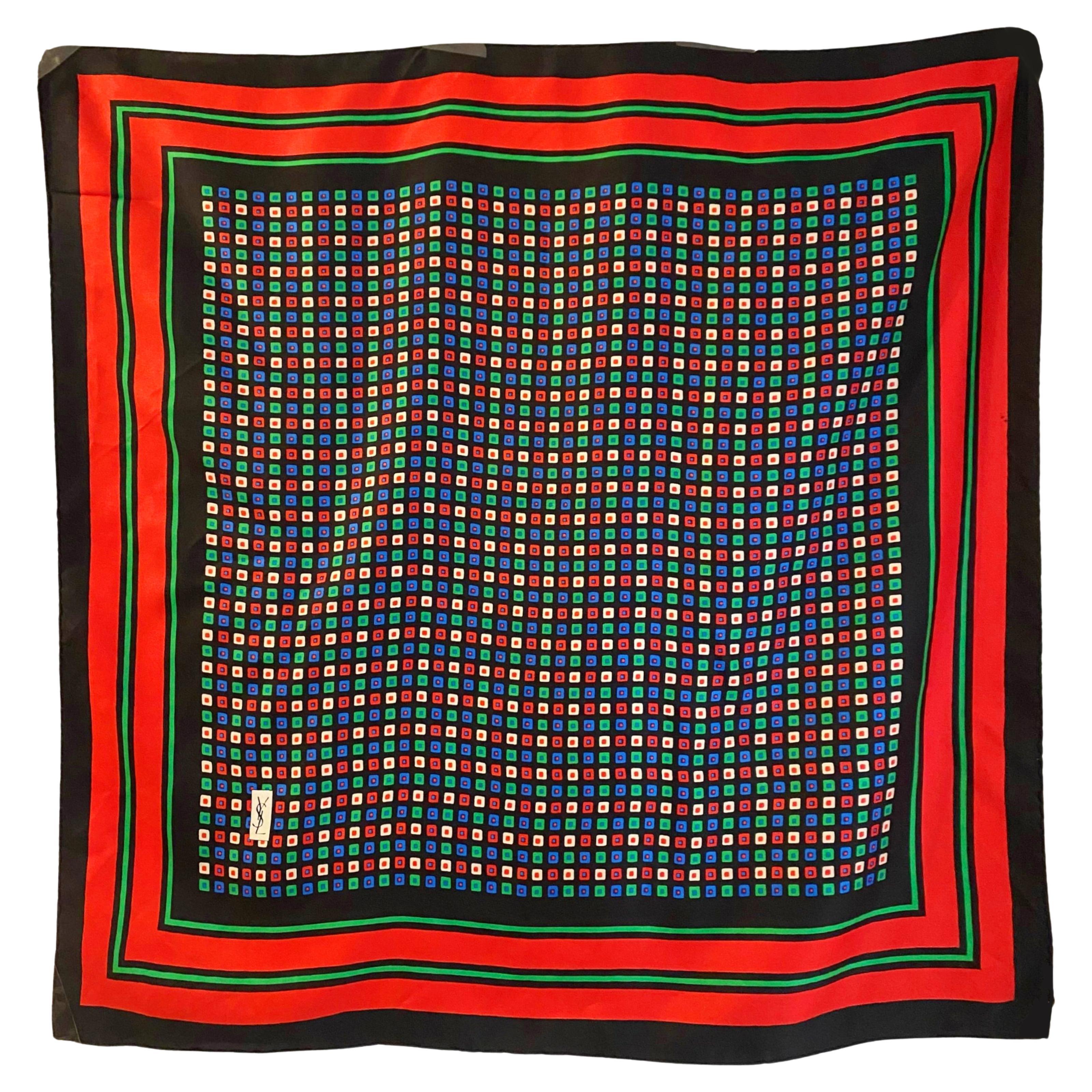 Anni '70 - primi anni '80 Yves Saint Laurent YSL Quadrati geometrici multicolore  Sciarpa di seta in vendita