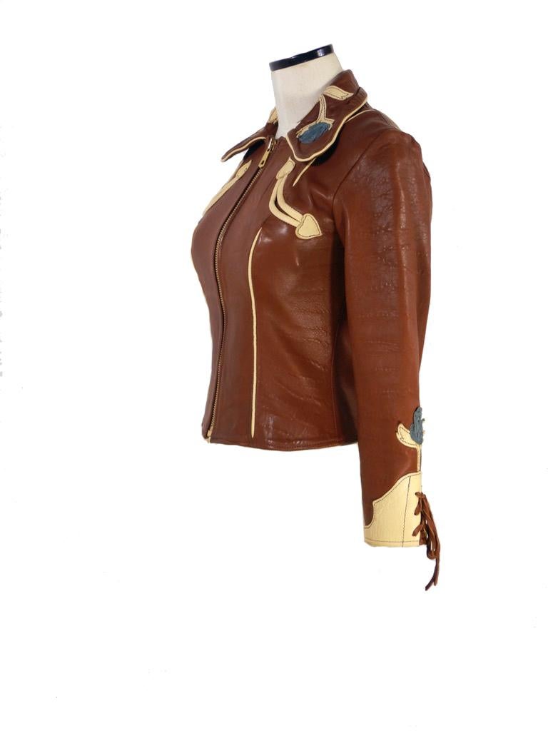 Brown 1970s East West Musical Instruments Rodeo Western Leather Jacket For Sale