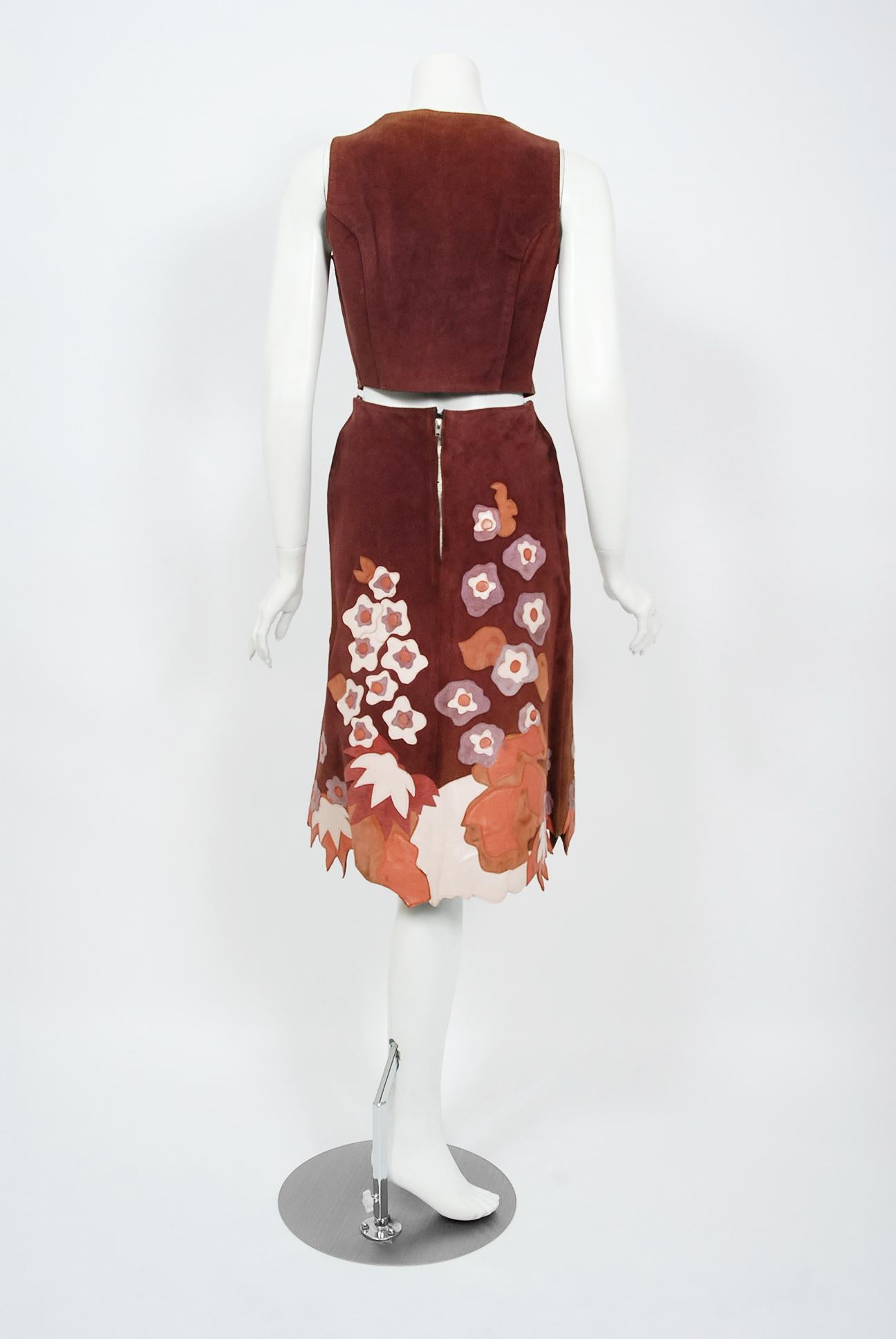 Women's Vintage 1970's Eavis & Brown Patchwork Leather Applique Bohemian Skirt w/ Vest