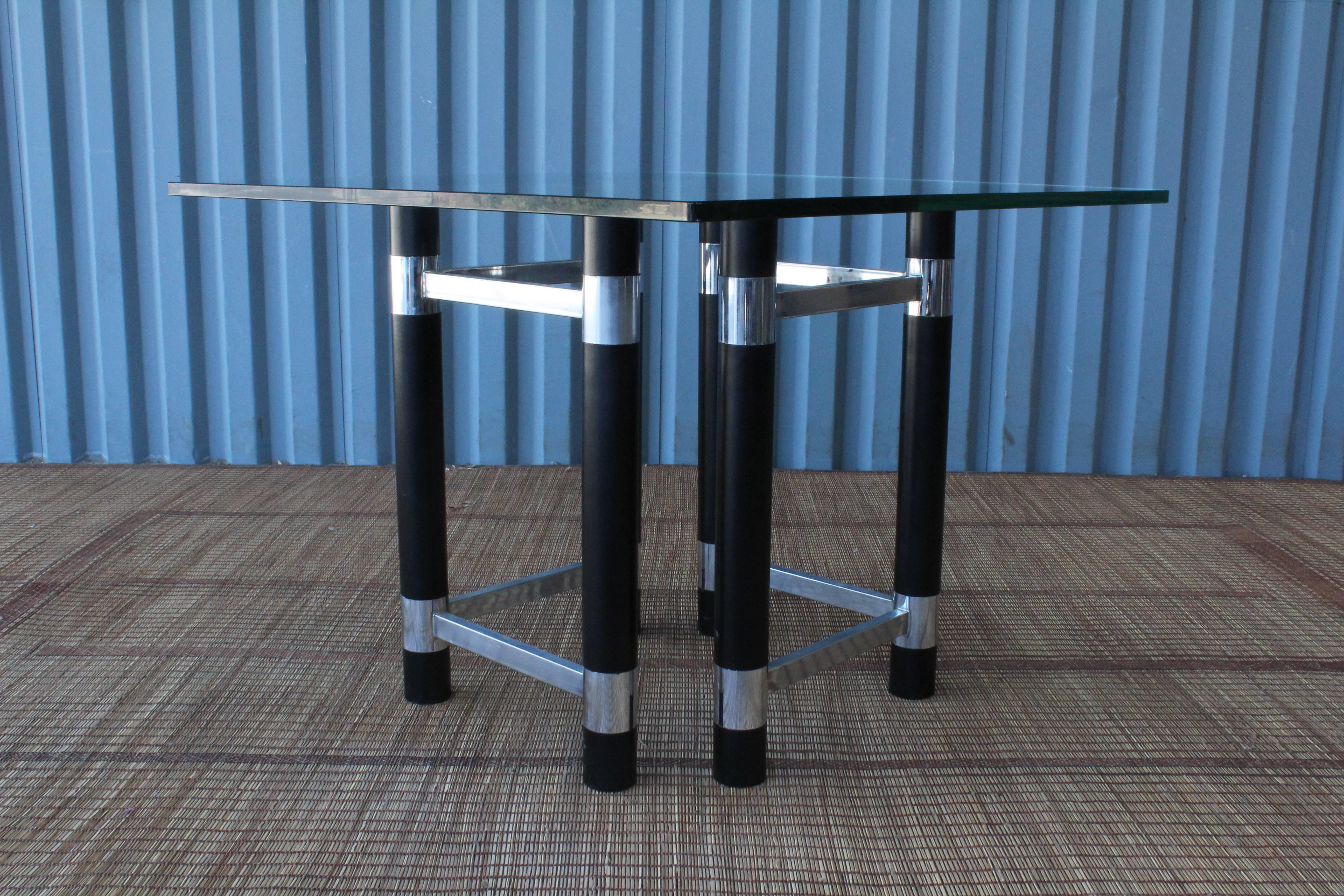 Pair of 1970s wood and chrome table bases. Recently refinished in a satin black.